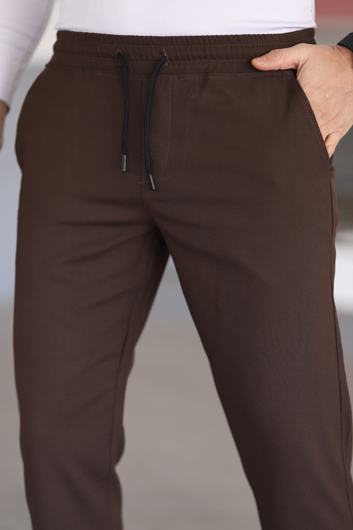 hello7  Erkek Kahverengi Dar Kesim Likralı Duble Paça Jogger Pantolon - Görsel 5