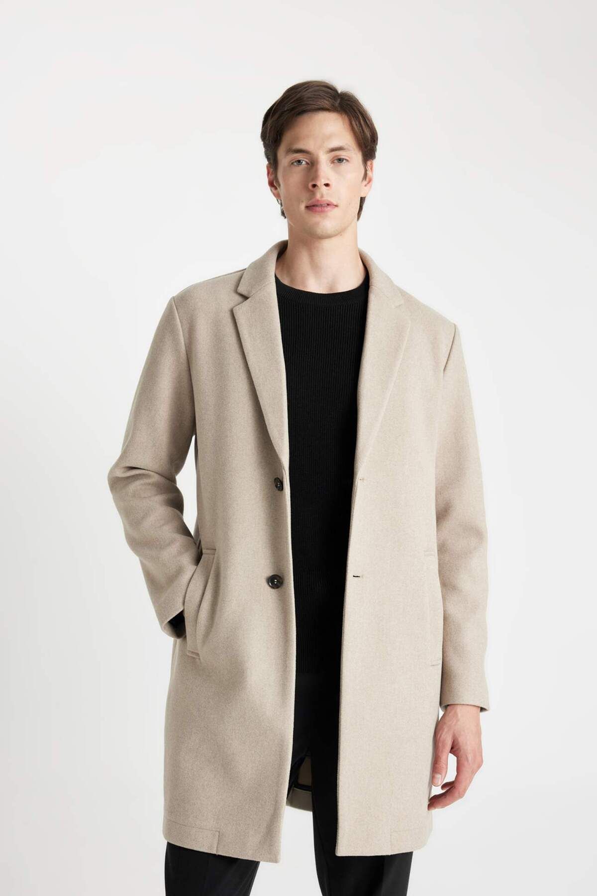DeFacto-Herren Nerz Relax Fit Jacke Revers geknöpft Tasche Kaschmir Mantel Parka Y8903AZ24AU 3
