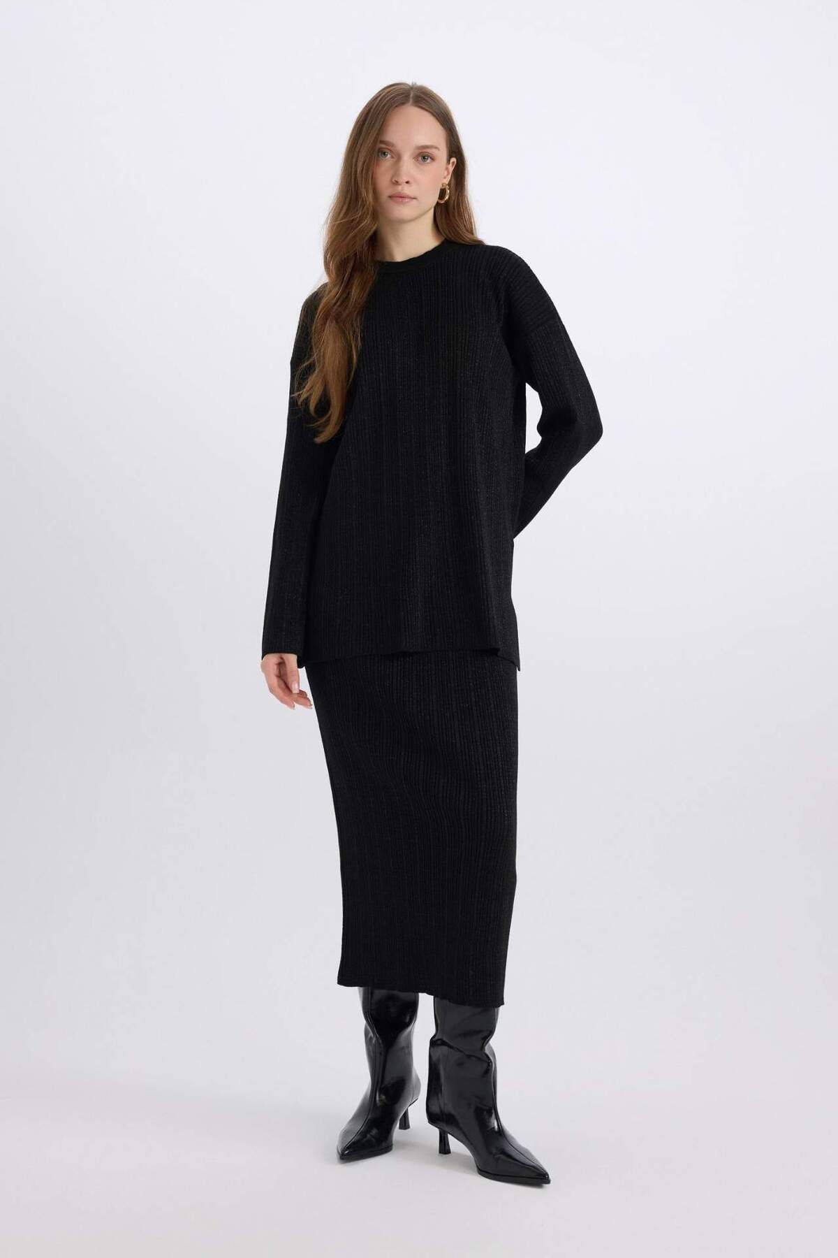 DeFacto-Normale Passform Basic Plain Maxi Strickrock E0936AX24WN 3