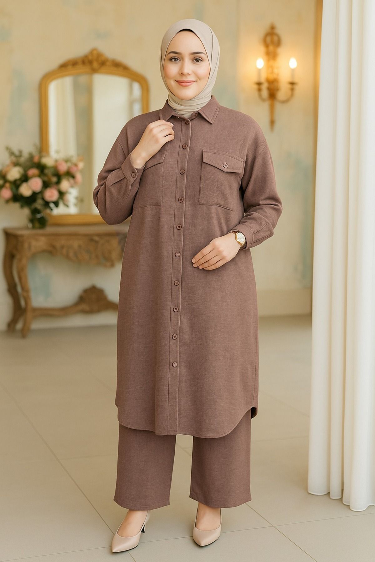 Neva Style-Buttoned Camel Hijab Double Suit 44661C 1