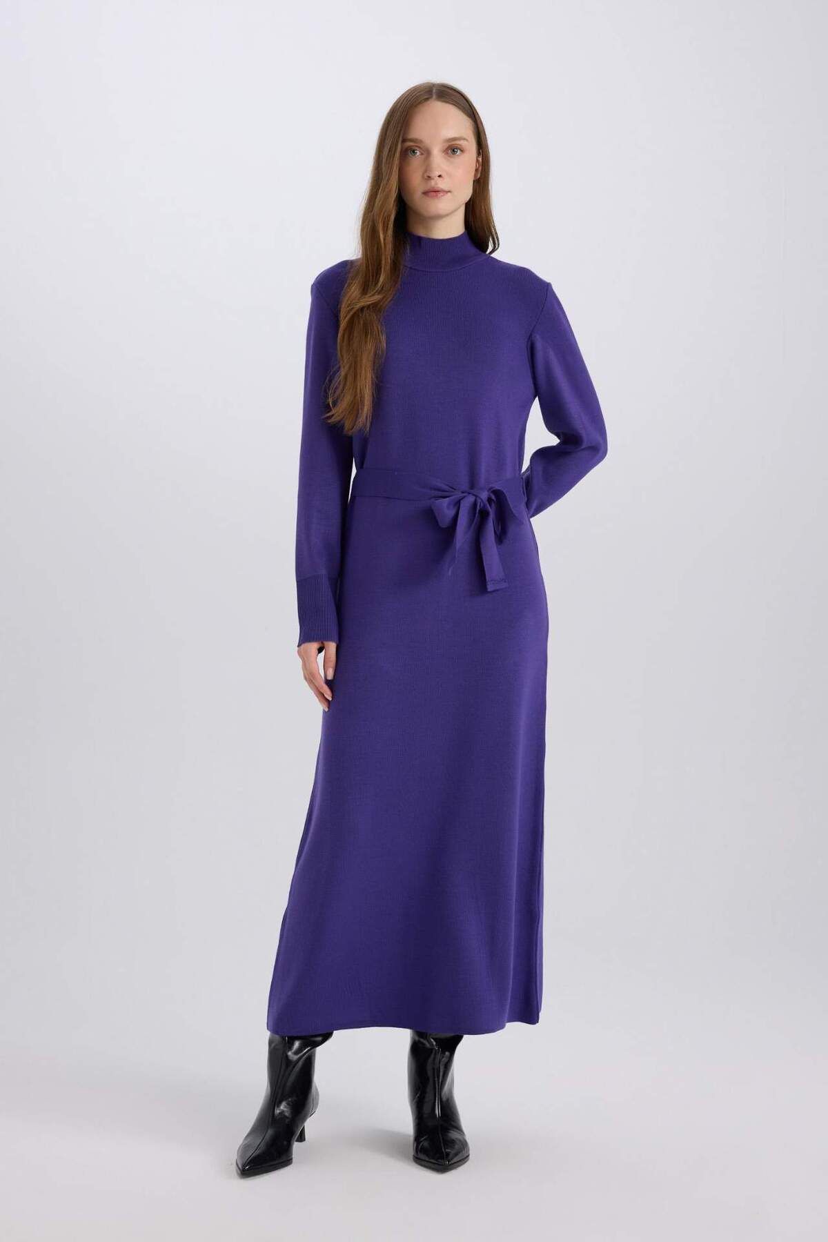DeFacto-Langärmliges Maxi-Strickkleid mit Rollkragen – Bindedetail, normale Passform D9000AX24WN 7
