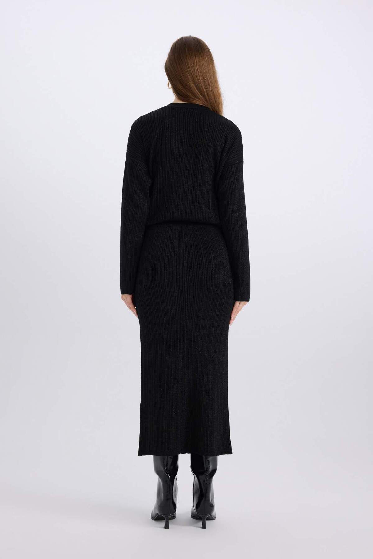 DeFacto-Normale Passform Basic Plain Maxi Strickrock E0936AX24WN 6