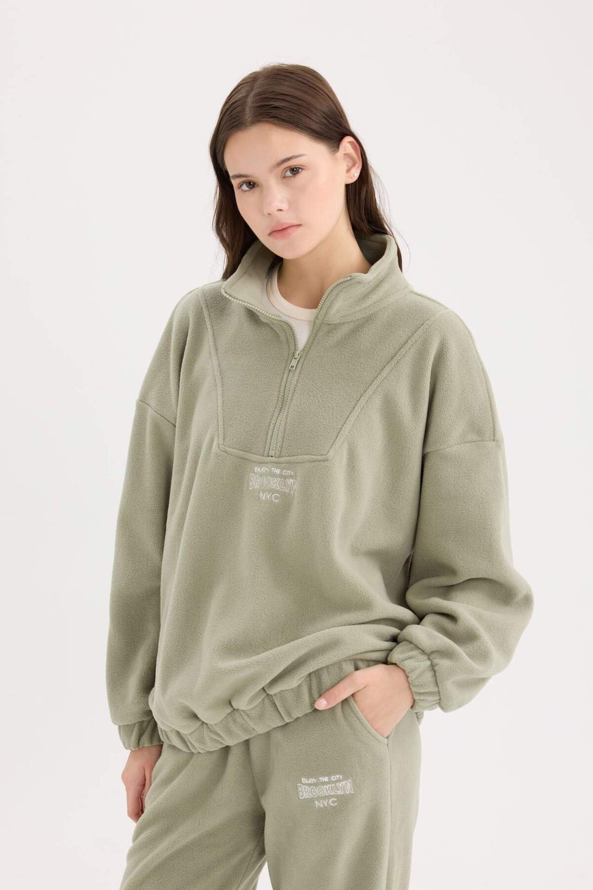 DeFacto-Oversize Wide Fit mikina s vysokým límečkem na zip s vyšívaným fleecem Y2649AZ24WN 3