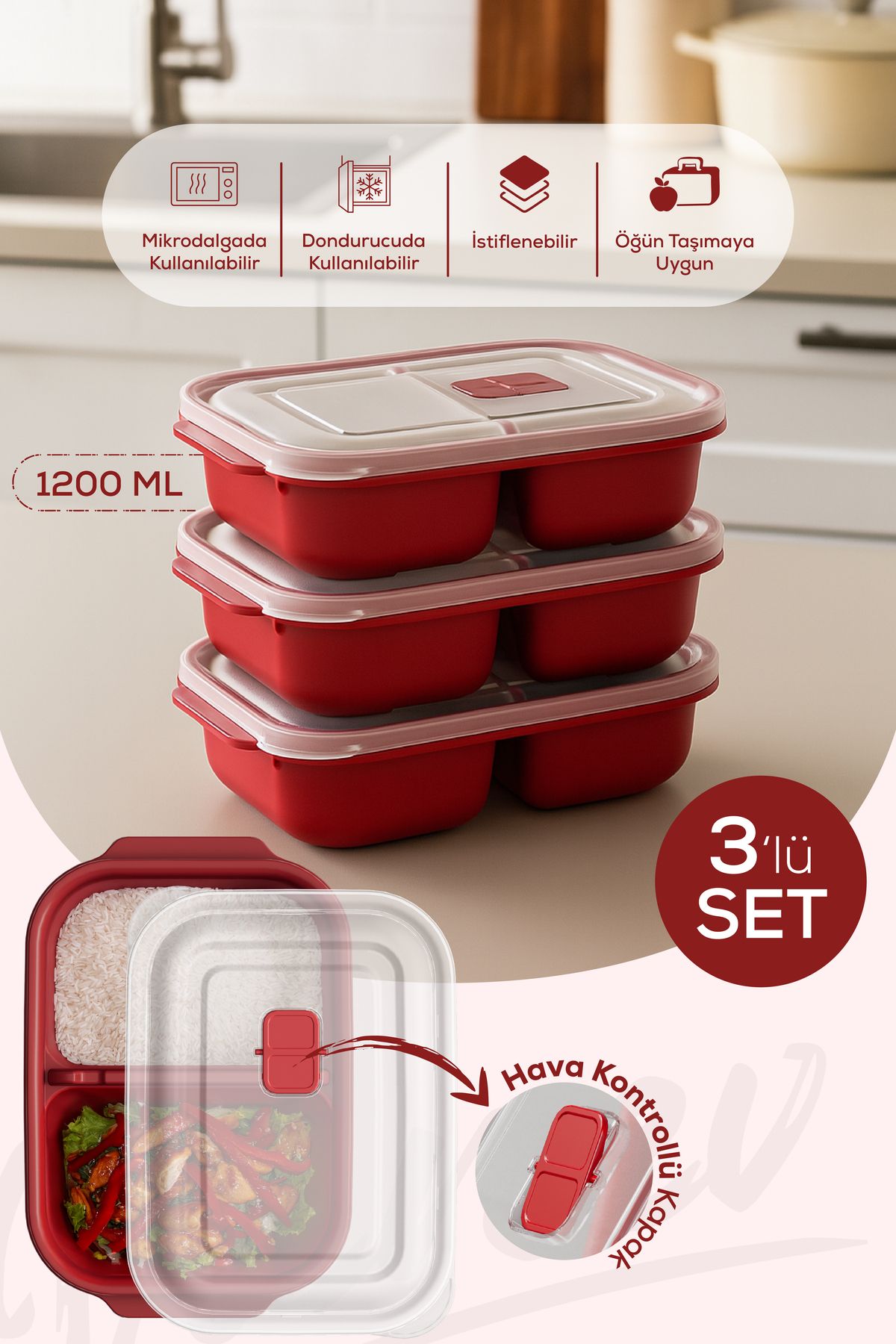 Vienev-Set of 3 Rectangular Storage Containers with Lid and Compartments Suitable for Microwave - 1200 ml 1