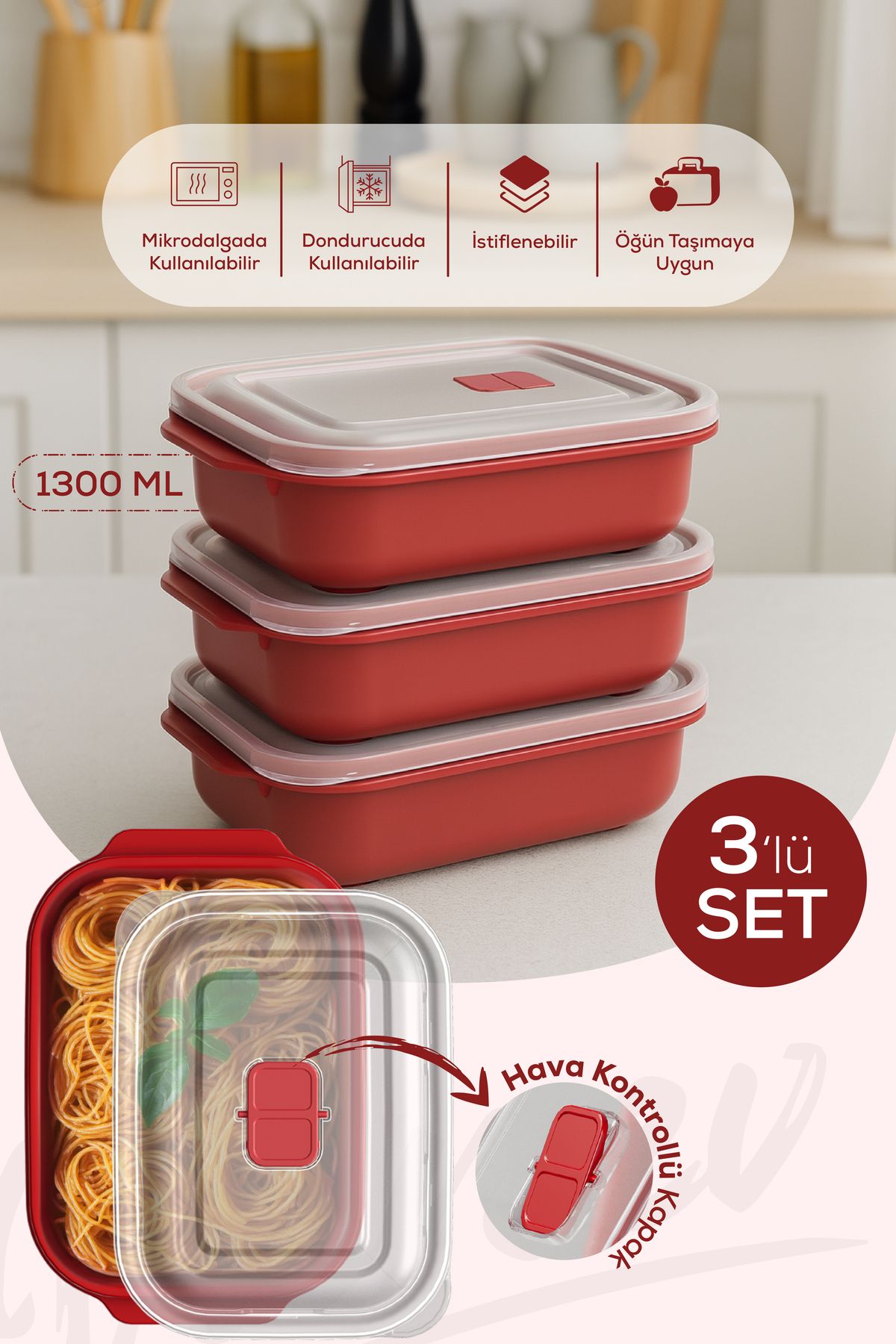Vienev-Set of 3 Rectangular Storage Containers with Lid Suitable for Microwave - 1300 ml 1