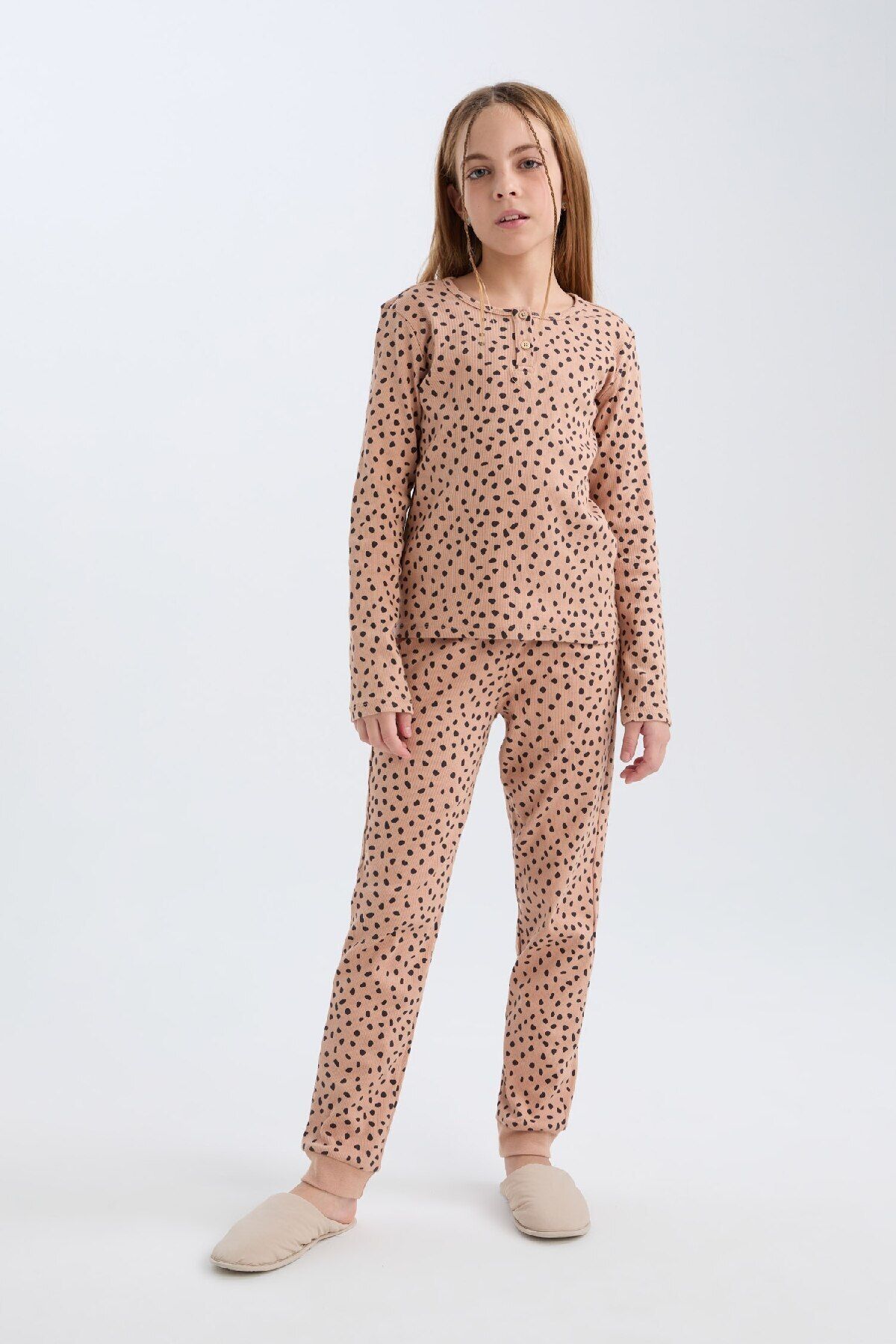 DeFacto-Mädchen-Pyjama-Set mit geripptem Camisole-Print – Rundhalsausschnitt, lange Ärmel, Ober- und Unterteil-Set D7748a8 1