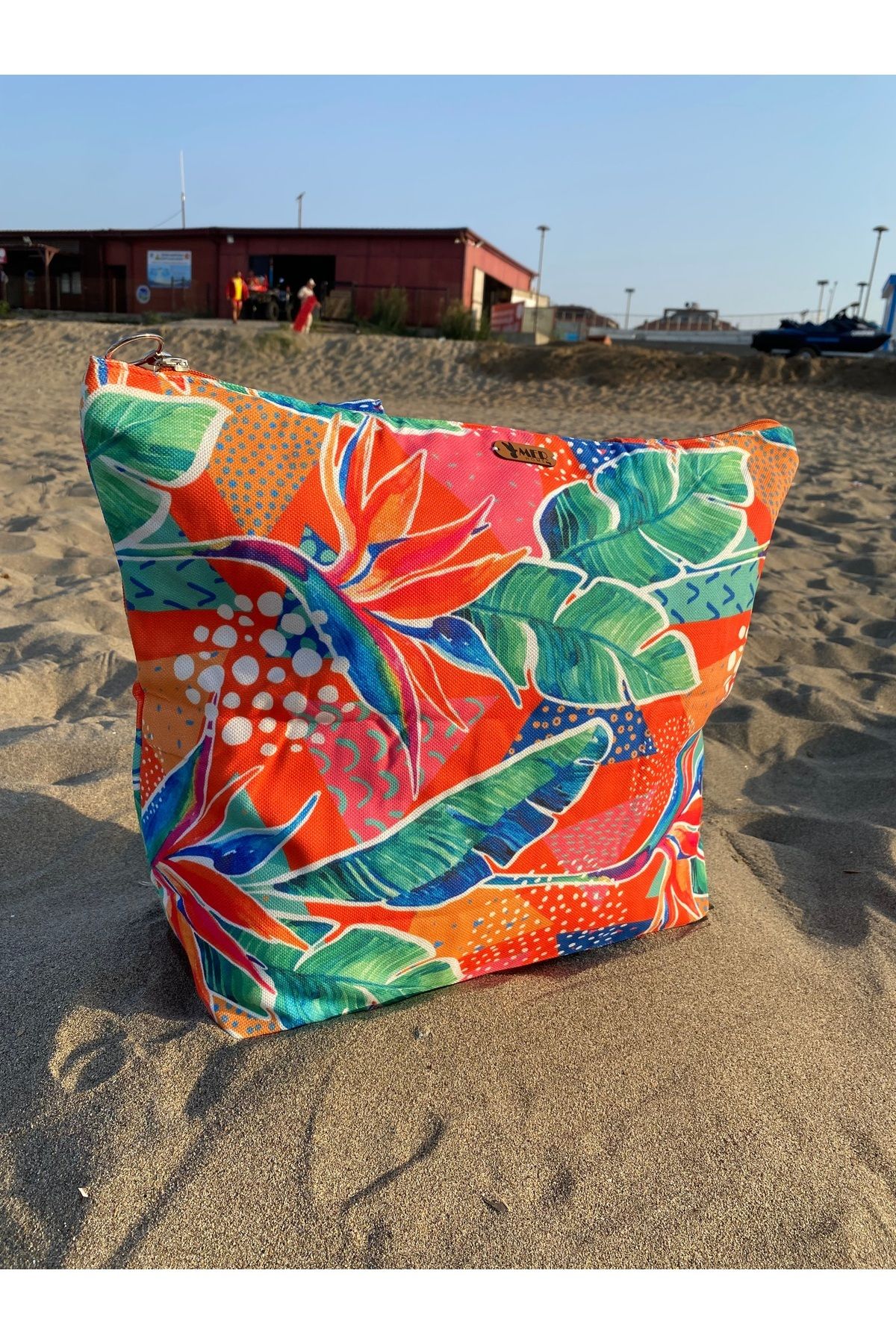 MER HOME-Modern Botanical Patterned Zippered Lined Beach Bag Daily Shoulder Bag 2