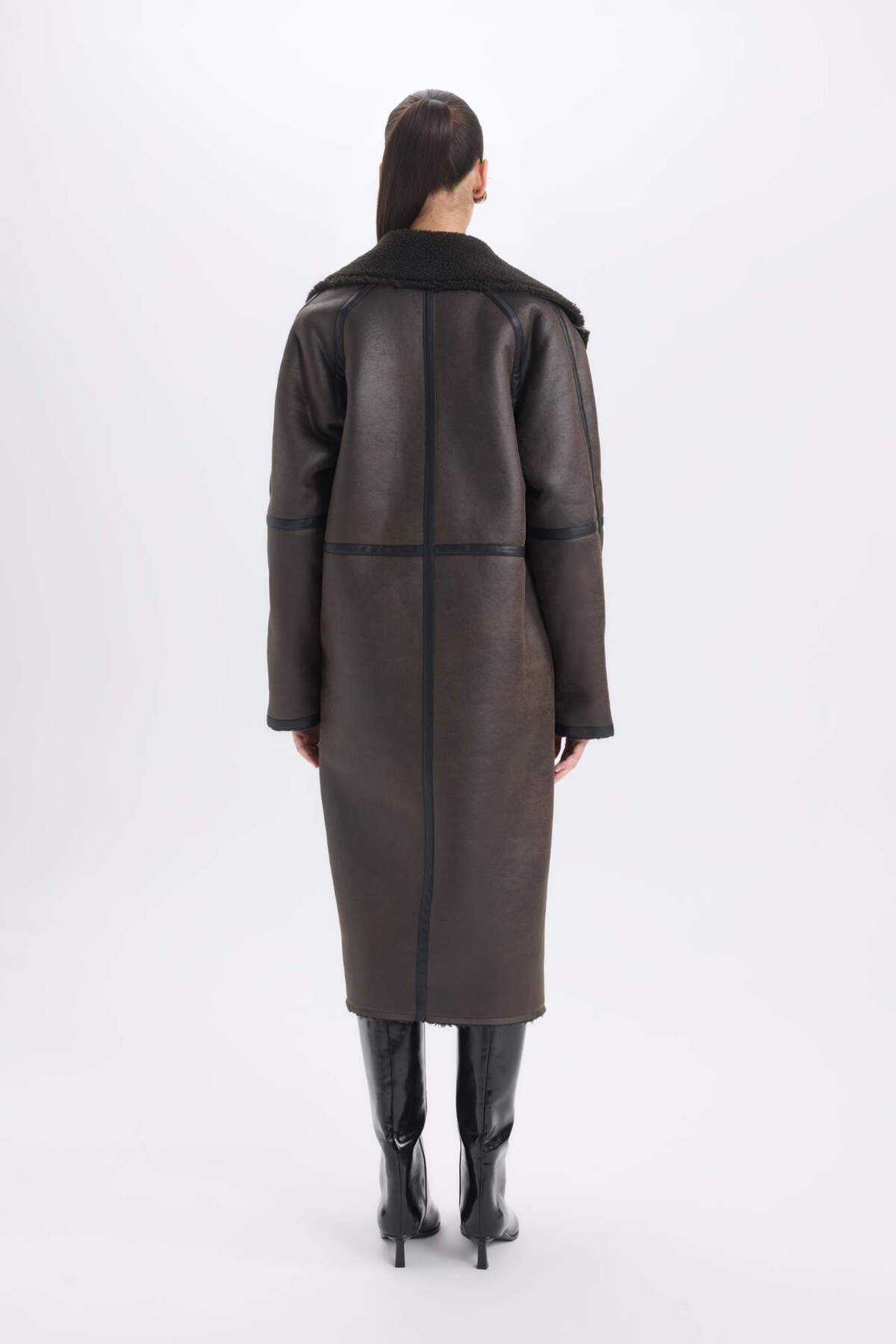DeFacto-Faux Leather Plush Lined Tuxedo Lapel Parka with Buttons and Pockets, Regular Fit D0840Ax24Wn 8