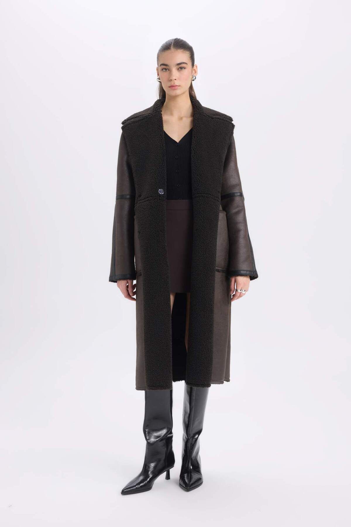 DeFacto-Faux Leather Plush Lined Tuxedo Lapel Parka with Buttons and Pockets, Regular Fit D0840Ax24Wn 4