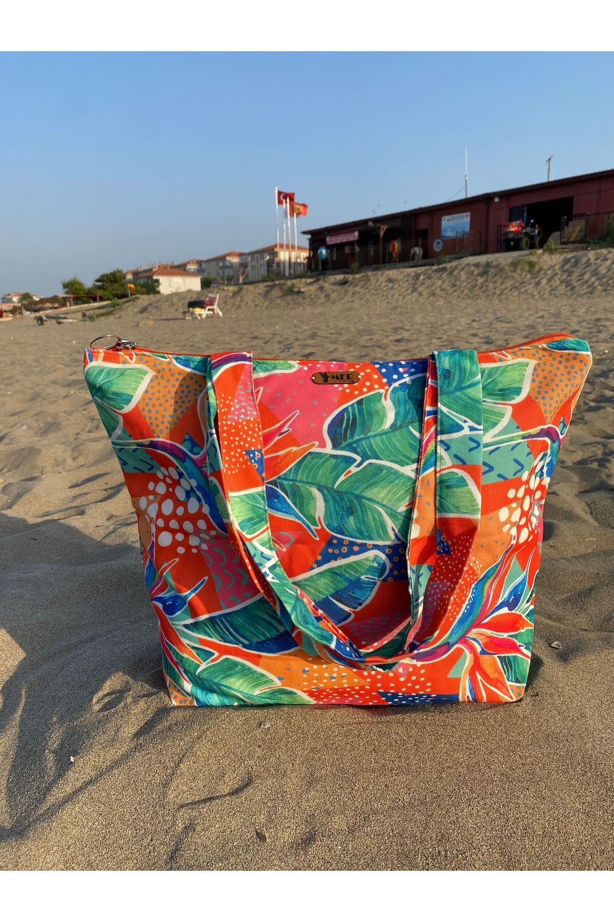MER HOME-Modern Botanical Patterned Zippered Lined Beach Bag Daily Shoulder Bag 5