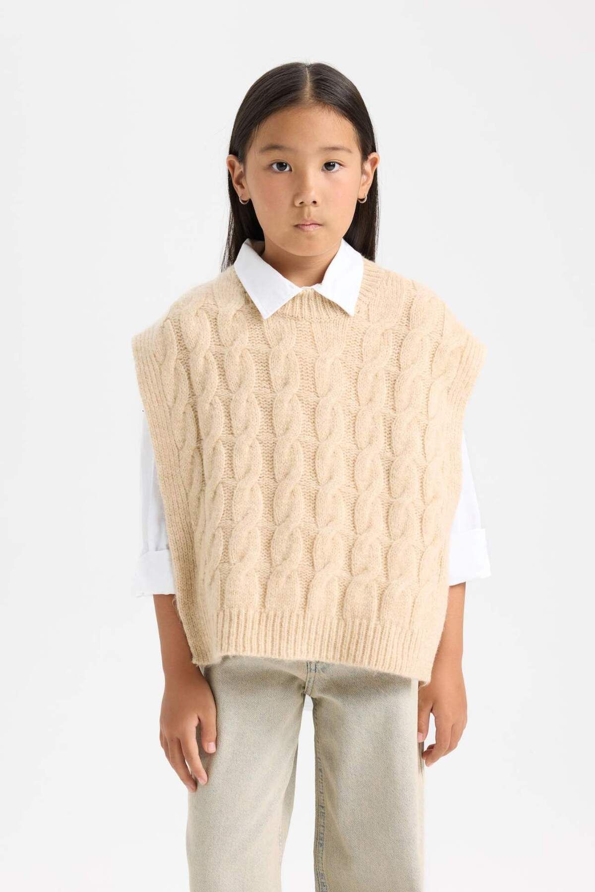 DeFacto-Girl's Crew Neck Hair Braid Patterned Knitwear Sweater C9659A824Wn 3