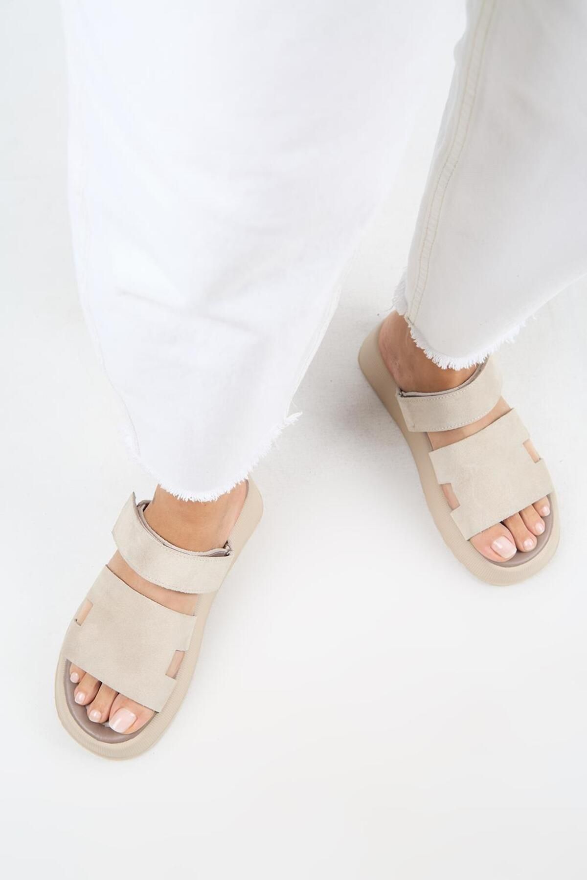 Manijero-Γυναικείες παντόφλες Seina από γνήσιο δέρμα Velcro Beige 7