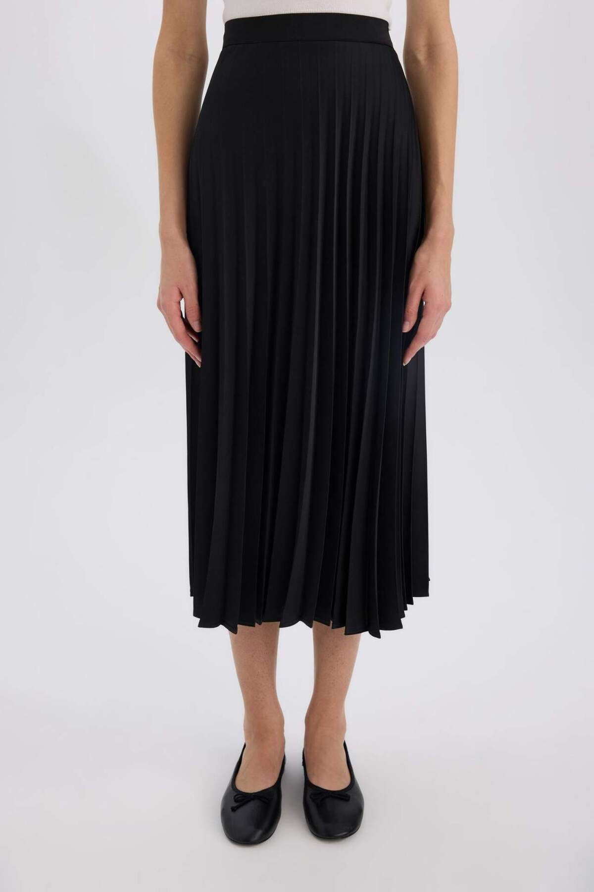 DeFacto-A-Line High Waist Pleated Basic Plain Satin Maxi Skirt D2871Ax24Au 4
