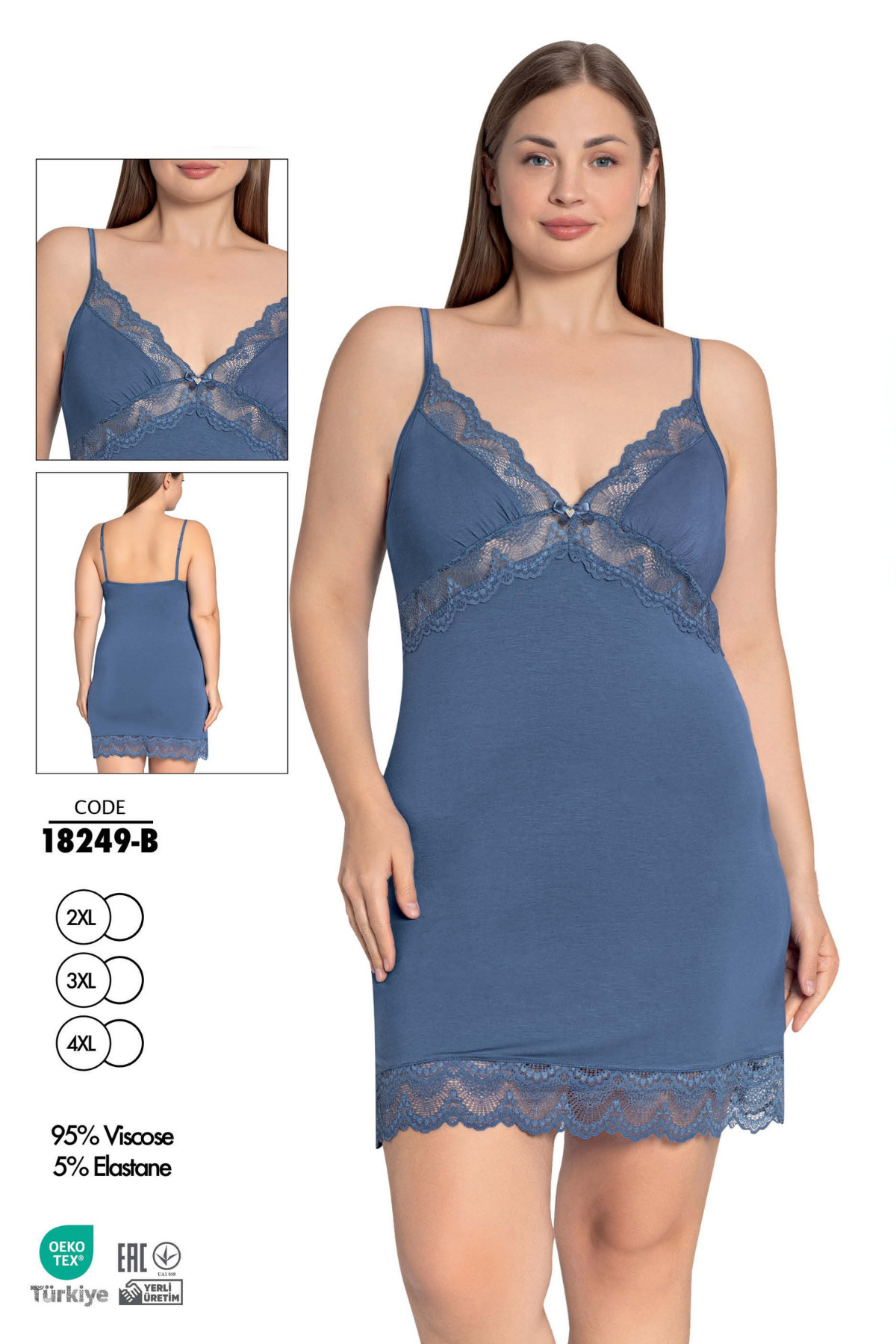 Cotpark Kadın Büyük Beden Viskon Kumaş Ayarlanabilir İp askılı Dantel Detaylı Gecelik 18249-B