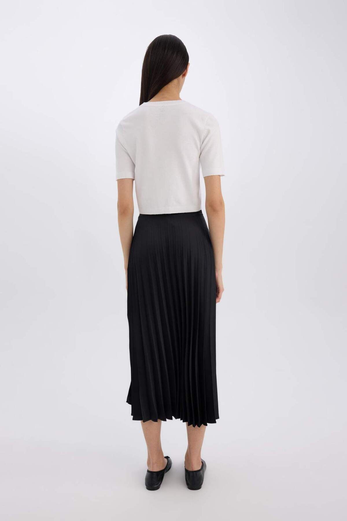 DeFacto-A-Line High Waist Pleated Basic Plain Satin Maxi Skirt D2871Ax24Au 5