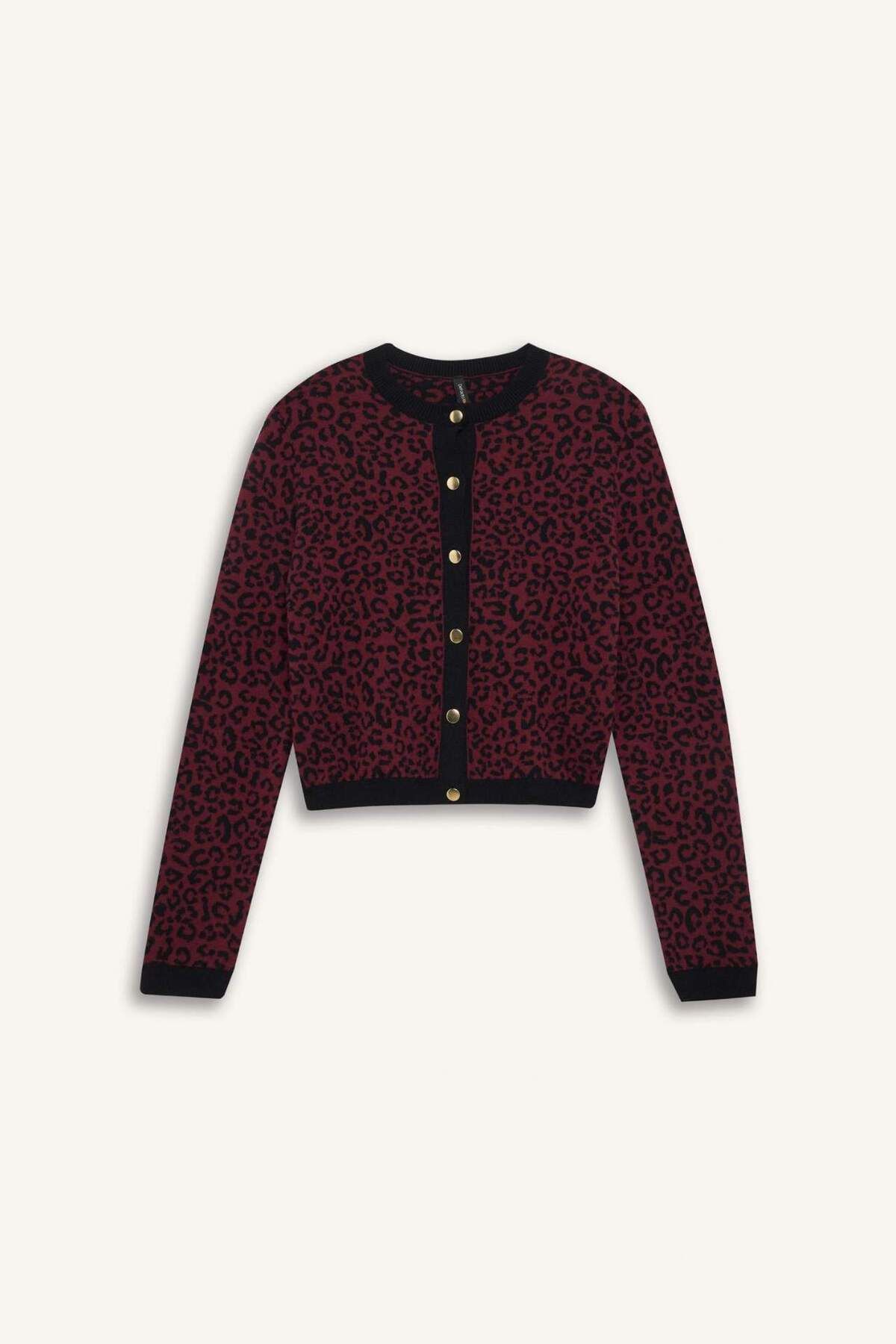 DeFacto-Regular Fit Rundhalsausschnitt Leopard Print Button Down Strickjacke D8510AX24WN 8
