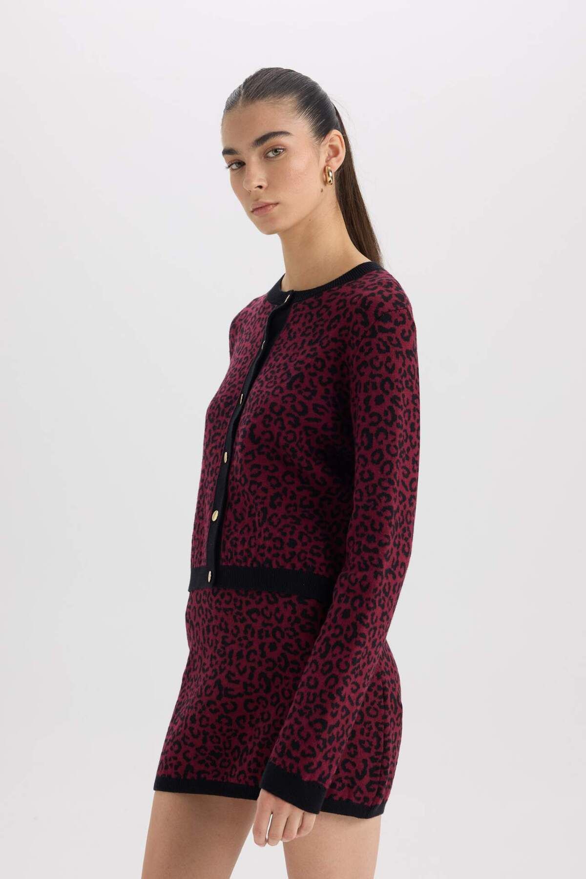 DeFacto-Regular Fit Rundhalsausschnitt Leopard Print Button Down Strickjacke D8510AX24WN 3