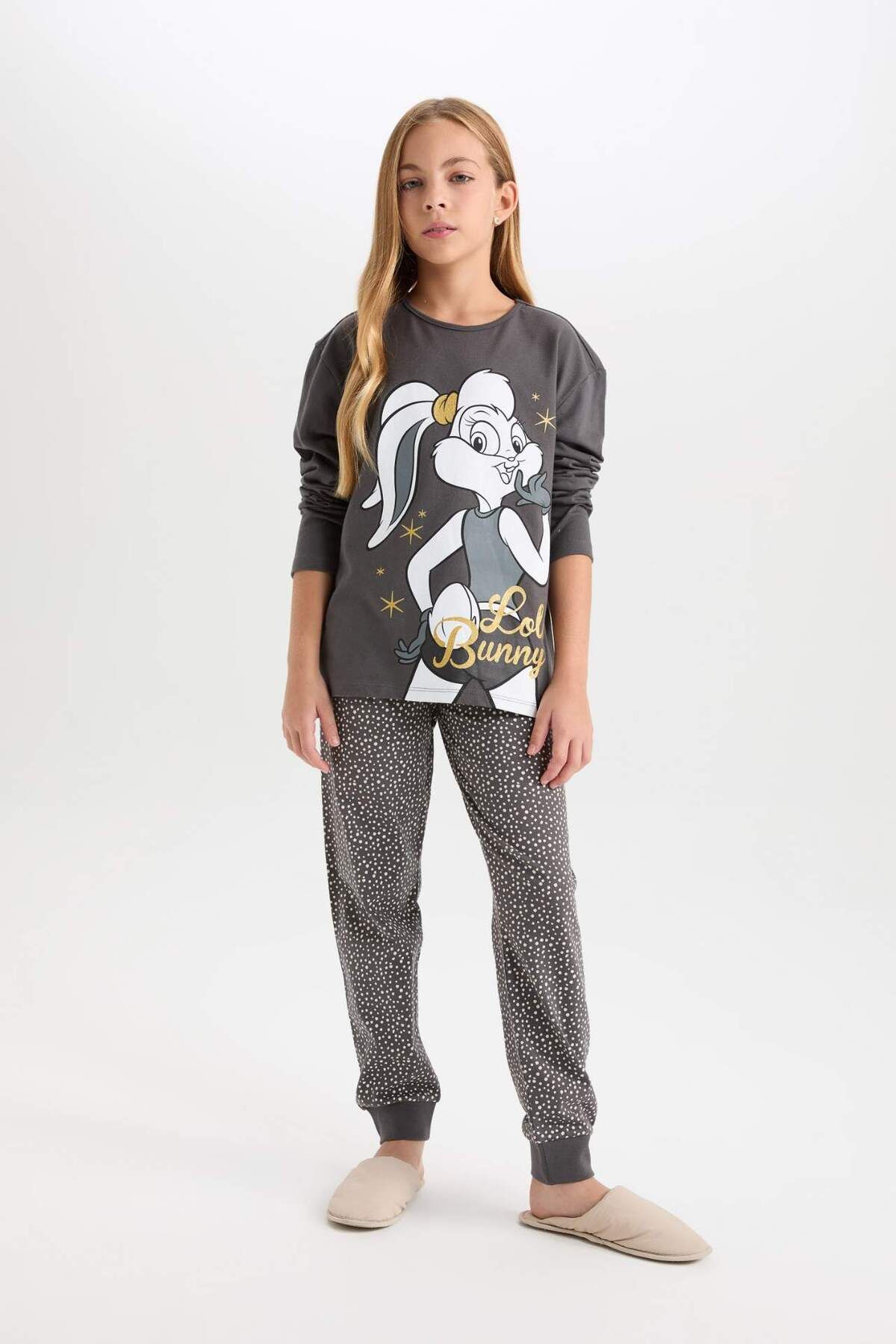 DeFacto-Mädchen-Pyjama-Set Looney Tunes Langarm-Oberteil mit elastischem Bund und langem Unterteil D6657A824WN 2