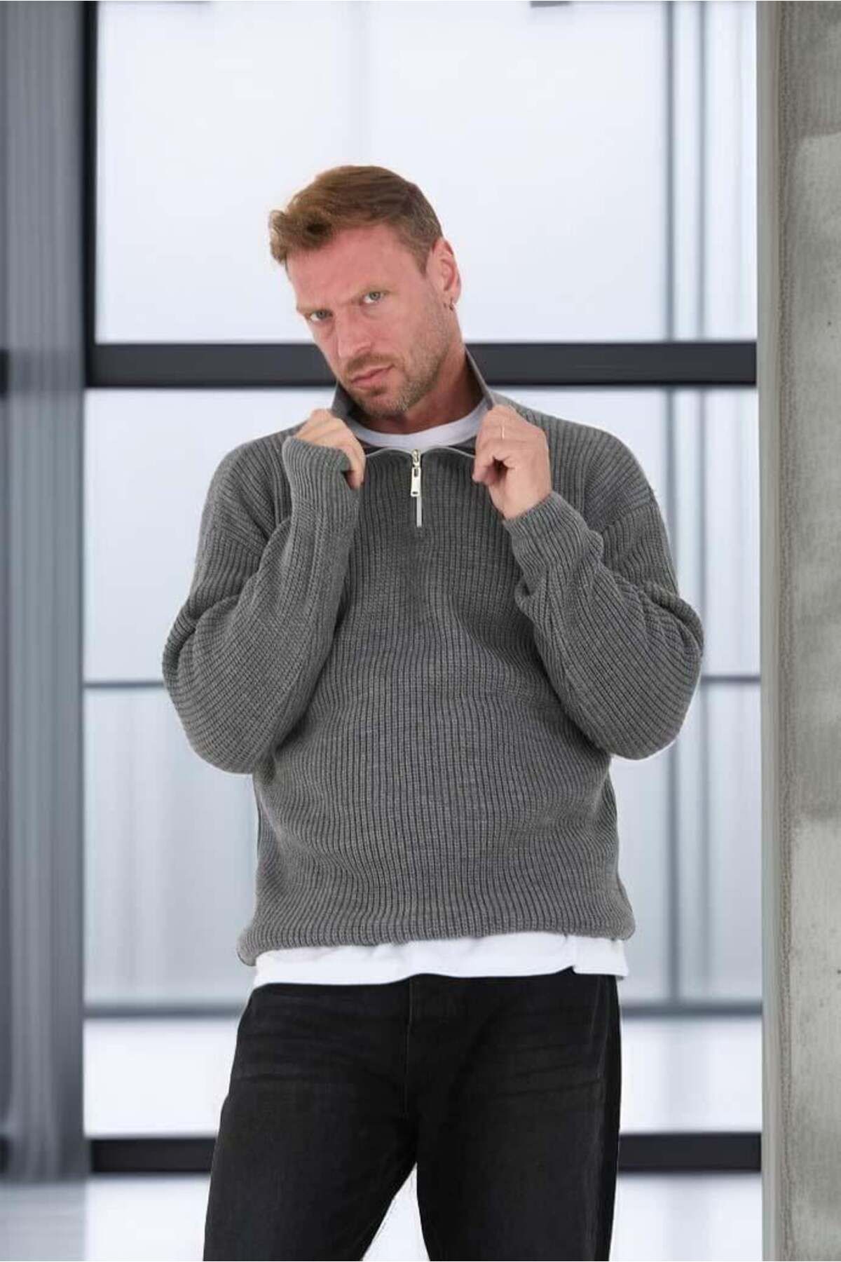 Valiberta-Men's Knitwear Sweater - Thessaloniki Knit, Half Zipper, Oversize Smoked 2
