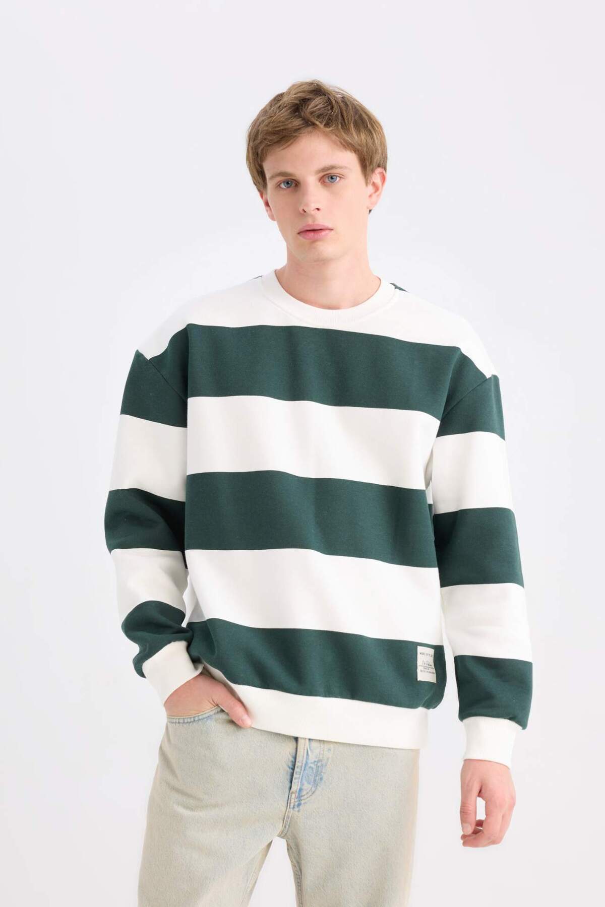 DeFacto-Boxy Fit Rundhalsausschnitt Gestreiftes Sweatshirt A9066AX24AU 3