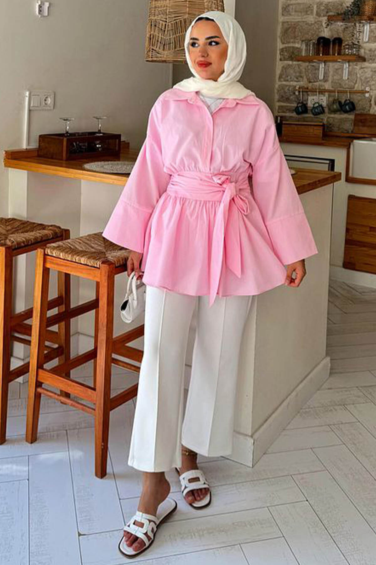 Tesettür Diyarı  Kadın Bağlama Detaylı Rozi Gömlek - Pembe - Görsel 4