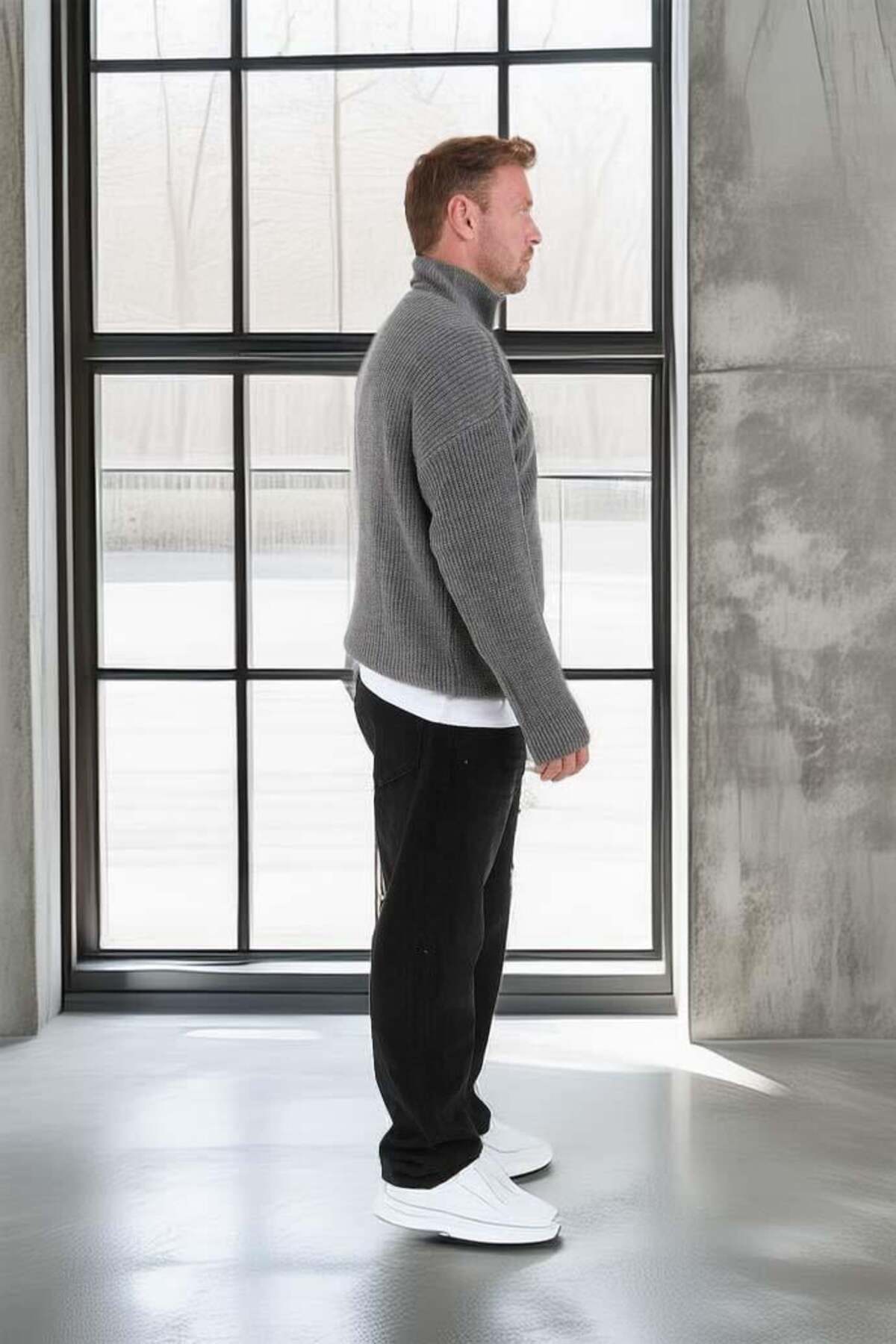 Valiberta-Men's Knitwear Sweater - Thessaloniki Knit, Half Zipper, Oversize Smoked 4