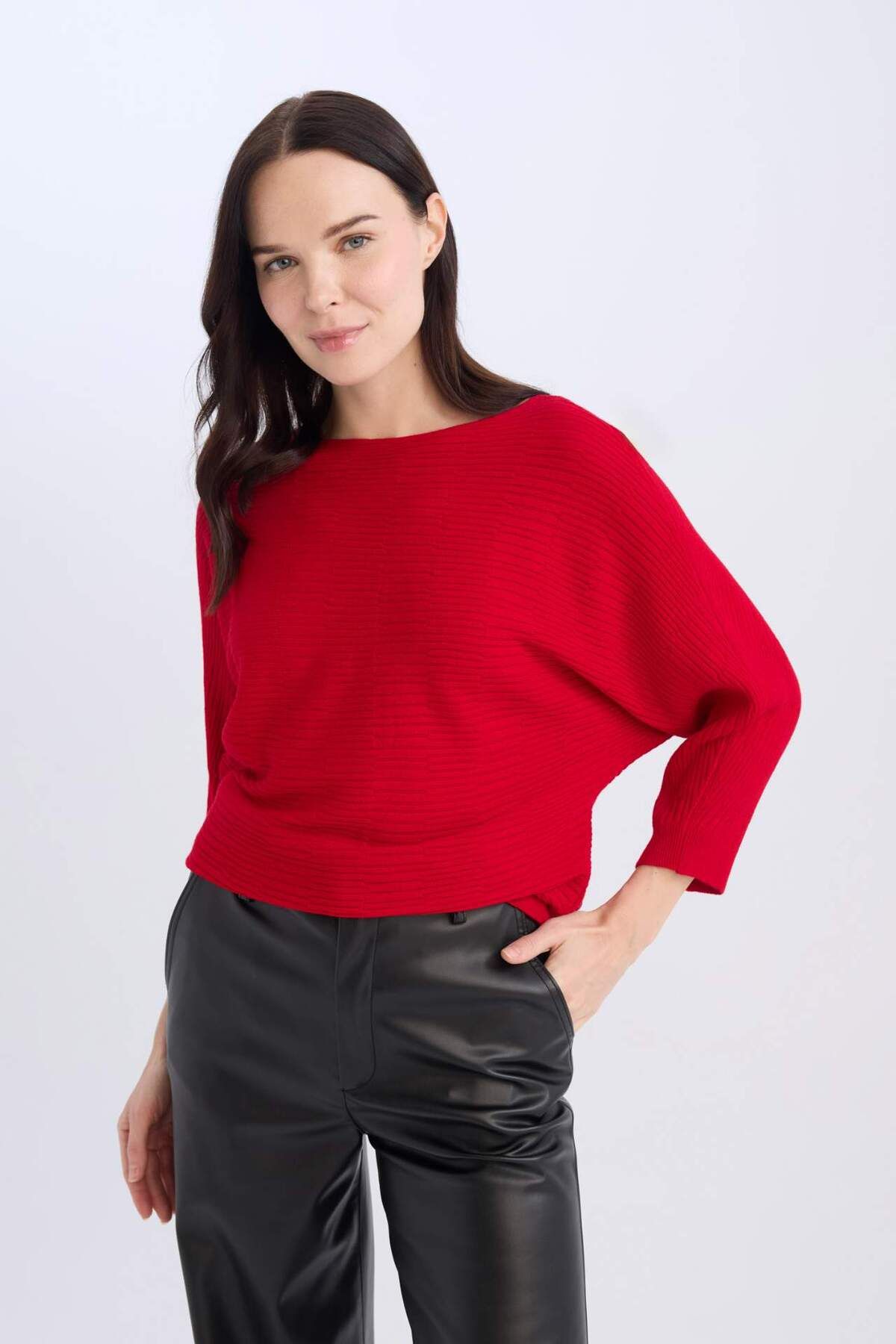 DeFacto-Roter Basic-Strickpullover mit U-Boot-Ausschnitt und Fledermausärmeln D7670AX24AU 4