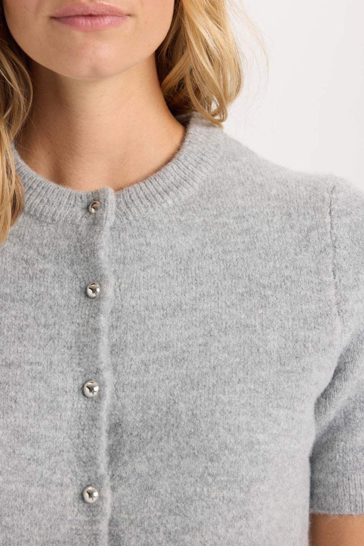 DeFacto-Regular Fit Crew Neck Basic Plain Button Short Sleeve Knitwear Cardigan D3526Ax24Wn 5