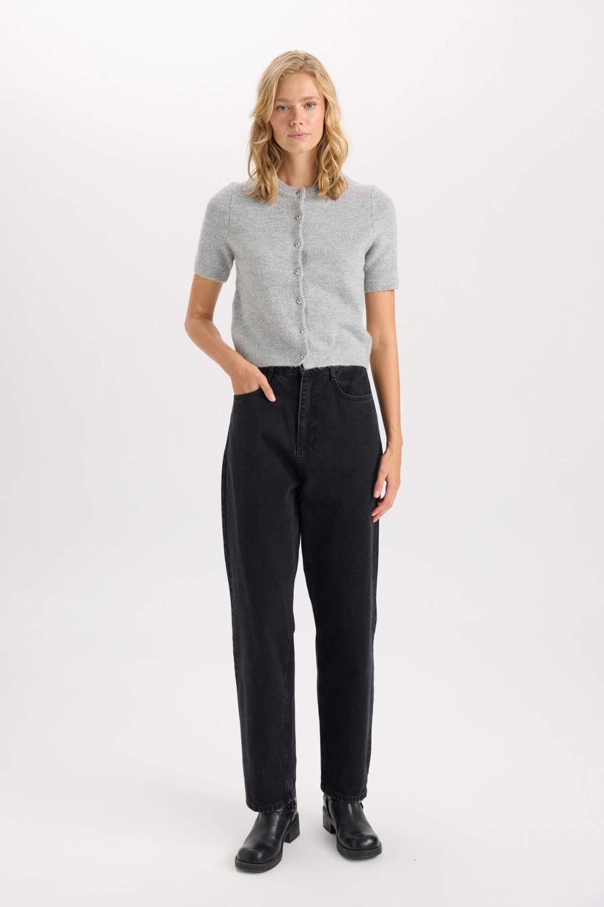 DeFacto-Regular Fit Crew Neck Basic Plain Button Short Sleeve Knitwear Cardigan D3526Ax24Wn 2