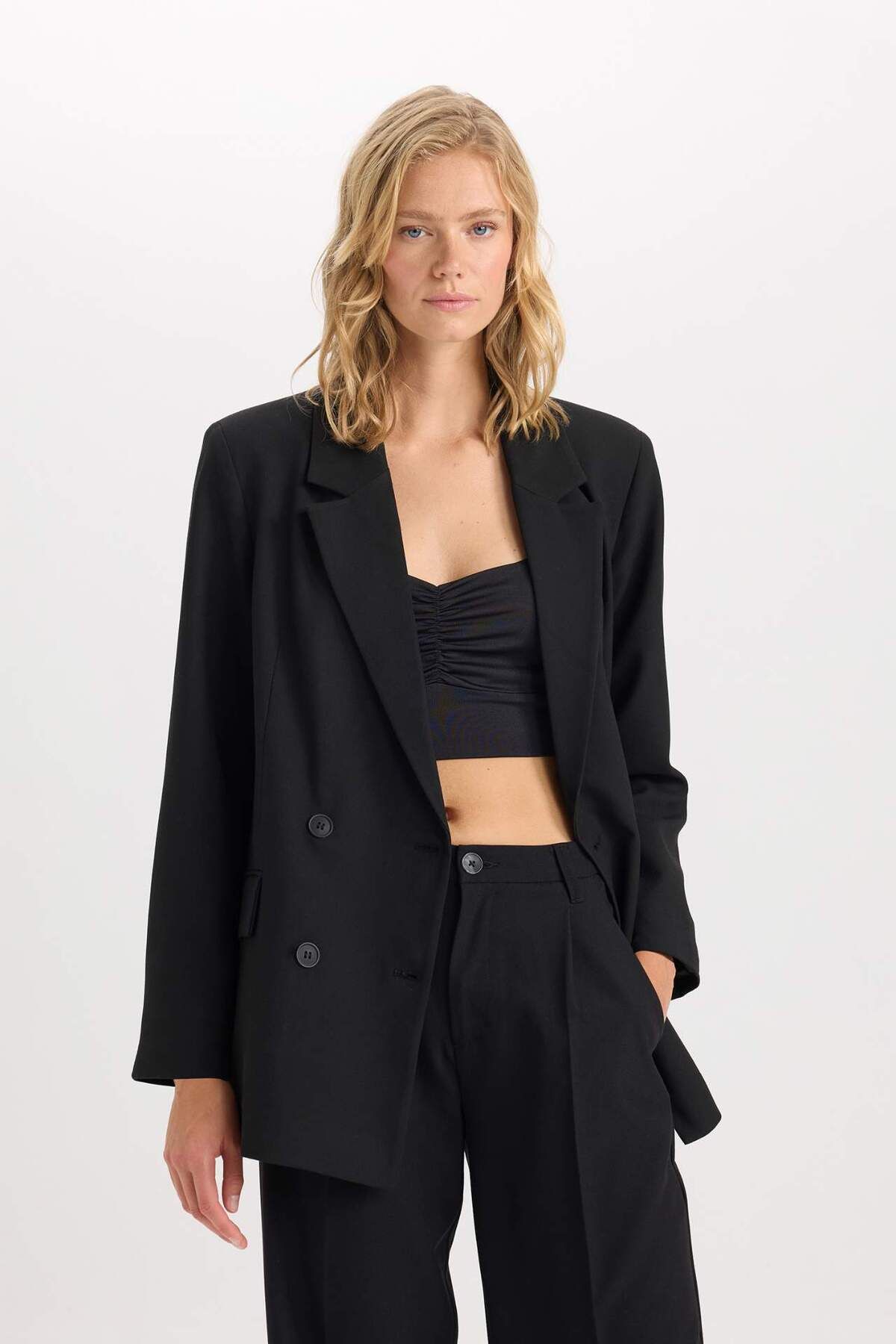 DeFacto-Oversize Wide Fit Blazer Jacket Double Breasted Lapel Button Basic Plain Blazer Jacket C2575Ax24Au 3
