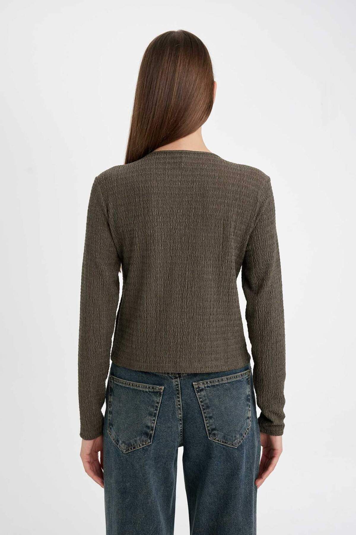 DeFacto-Regular Fit Front Tie Wrap Wickelbluse mit langen Ärmeln D8524AX24AU 6