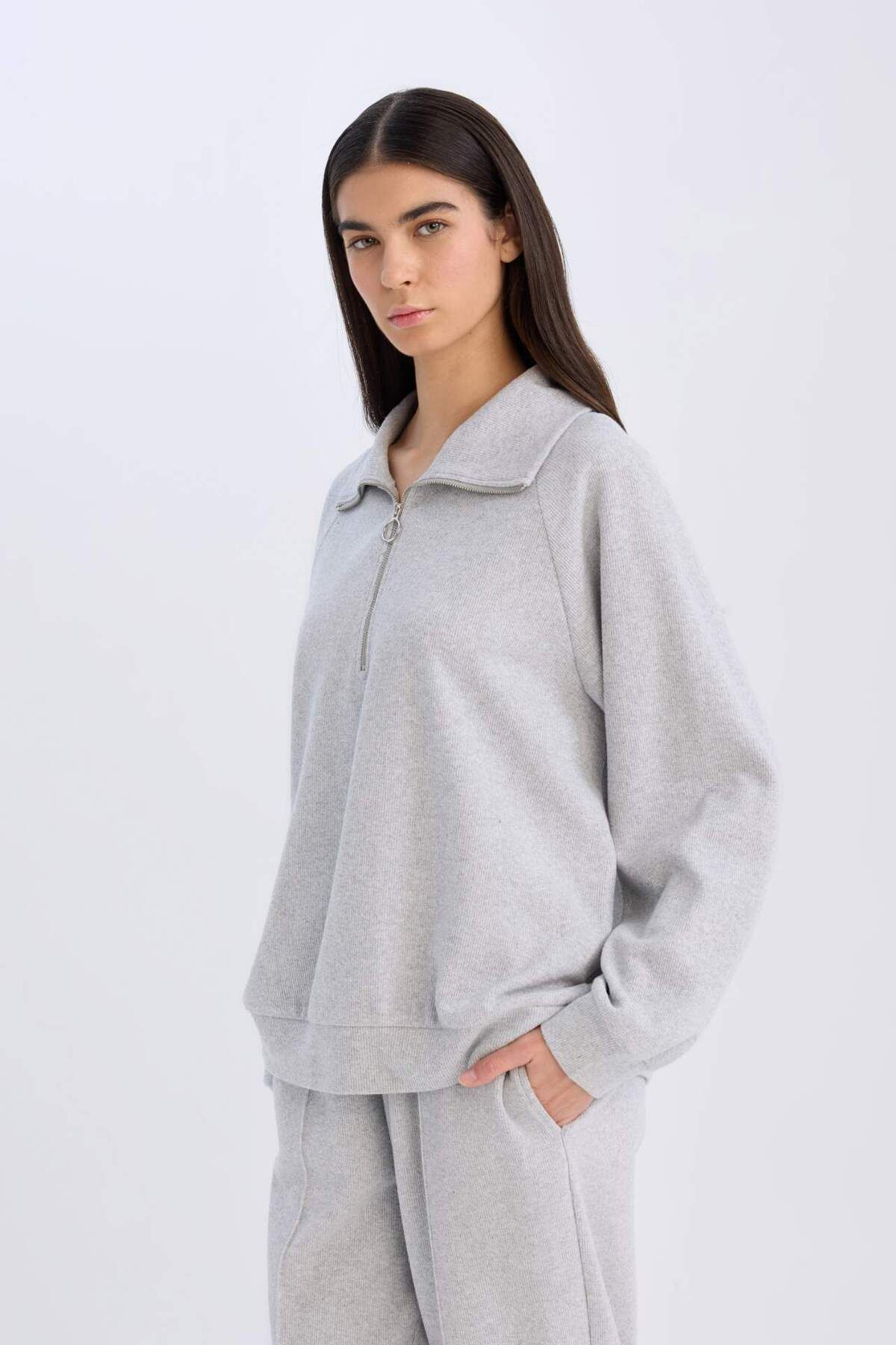DeFacto-Regular Fit Half Zipper Stand Collar Basic Plain Sweatshirt D9009Ax24Wn 3