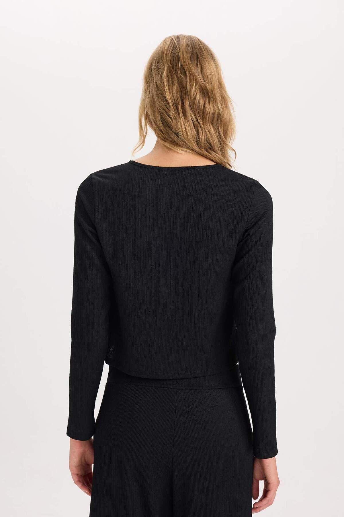 DeFacto-Regular Fit Rundhalsausschnitt Basic Plain Twist Langarm-Cardigan mit Schnürung vorne D6296AX24AU 6