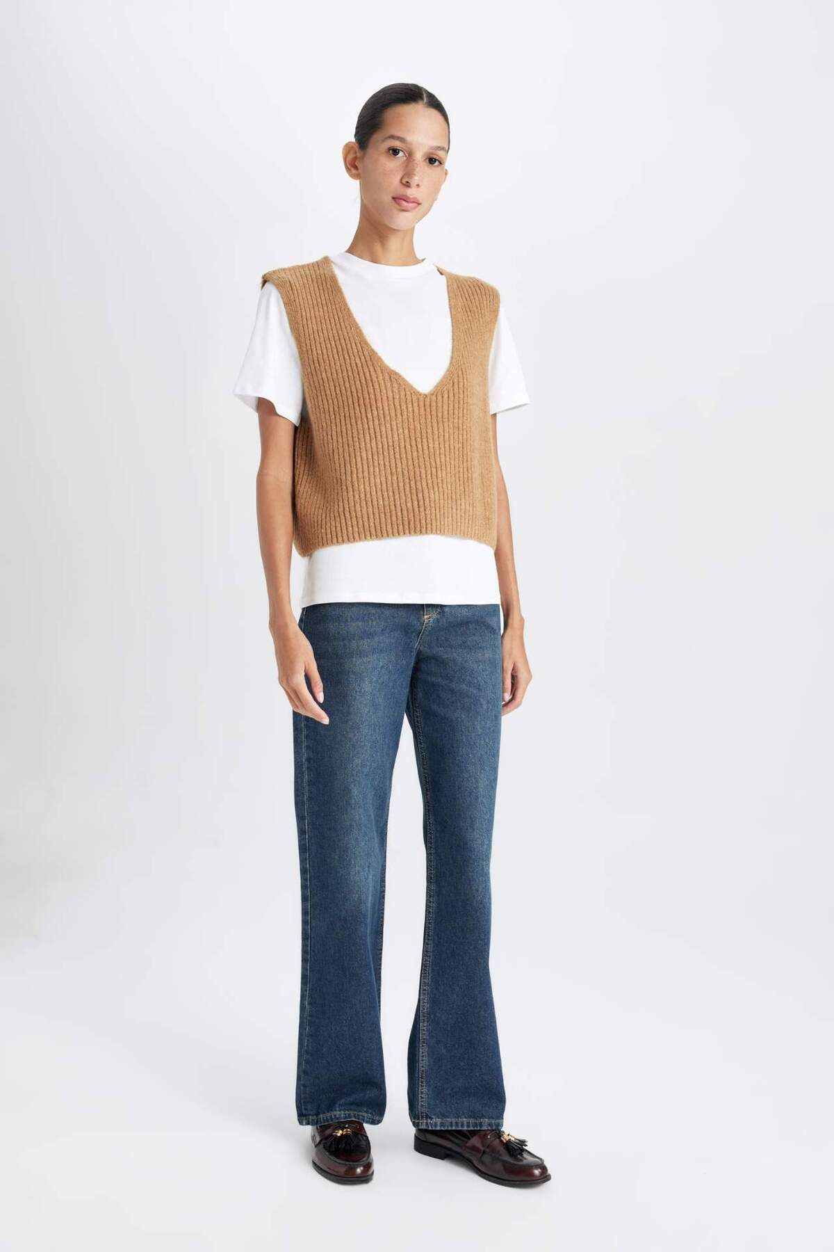 DeFacto-Regular Fit V-Ausschnitt Basic Glattstrickpullover D8588AX24WN 2