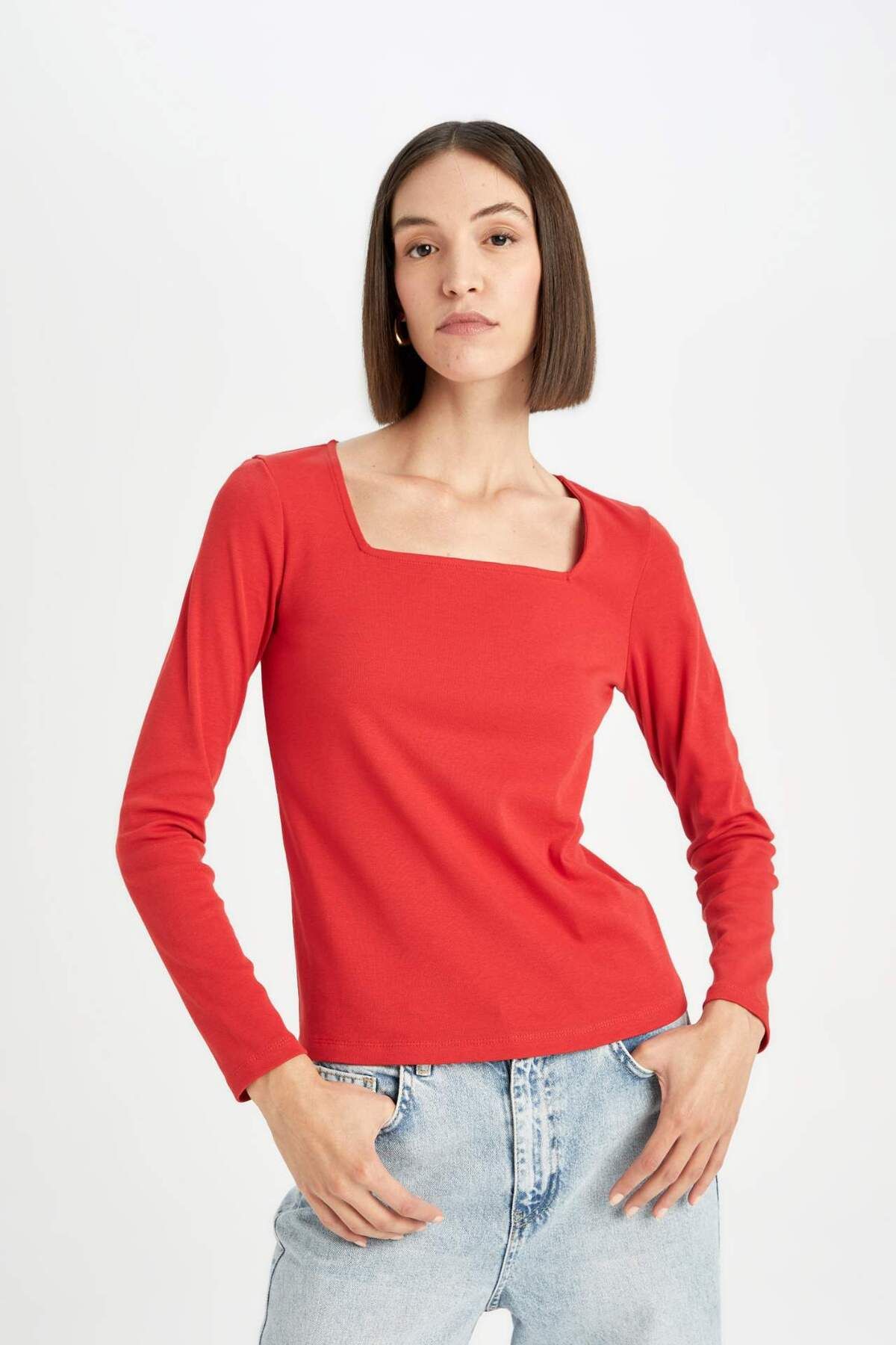 DeFacto-Regular Fit Square Neck Basic Plain Ribbed Camisole Long Sleeve Red T-Shirt D7506Ax24Au 4