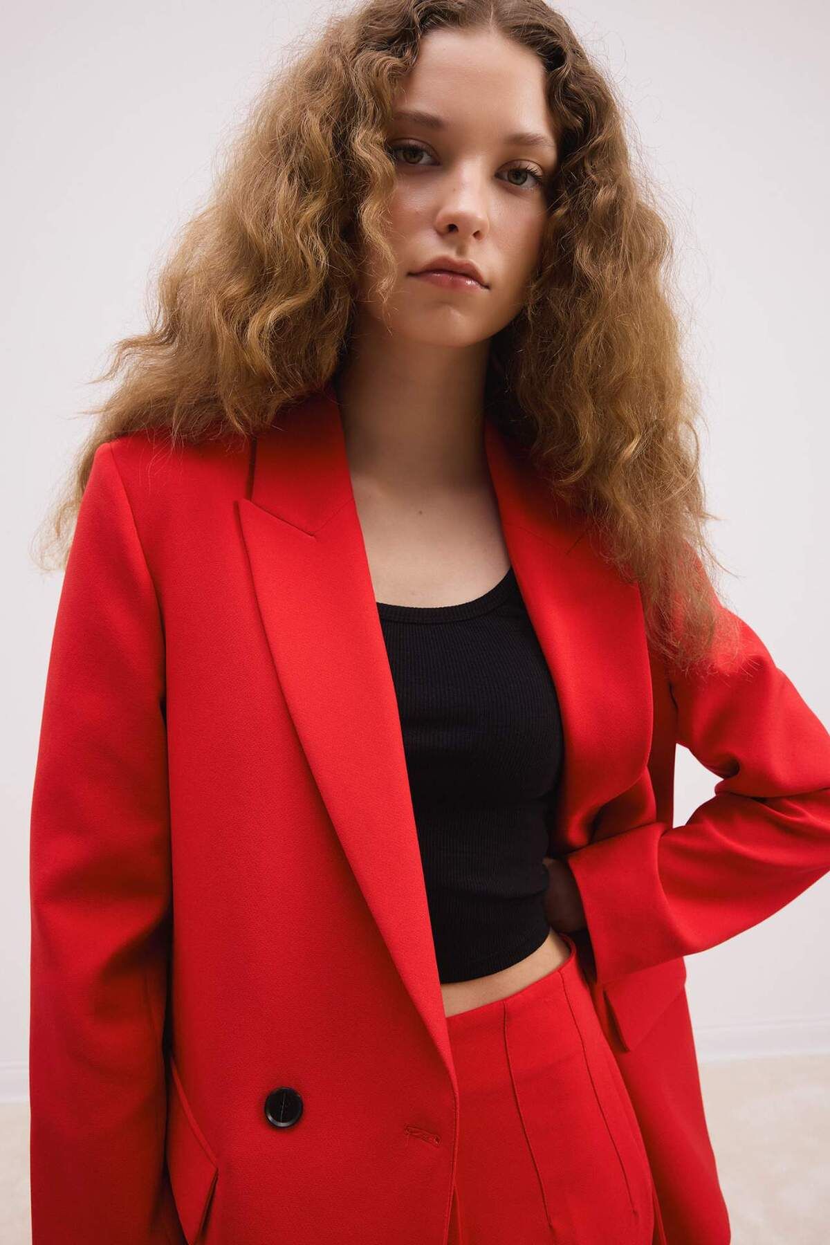 DeFacto-Oversize Wide Fit Jacket Collar Buttoned Basic Plain Blazer Jacket C2457Ax24Au 4