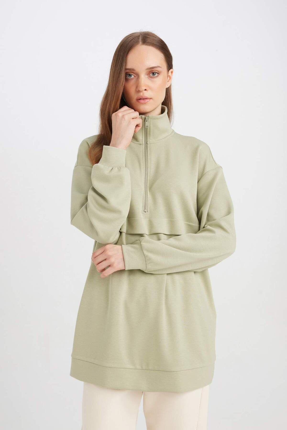 DeFacto-Half Zipper Stand Collar Basic Plain Sweatshirt Tunic D1615Ax24Au 3