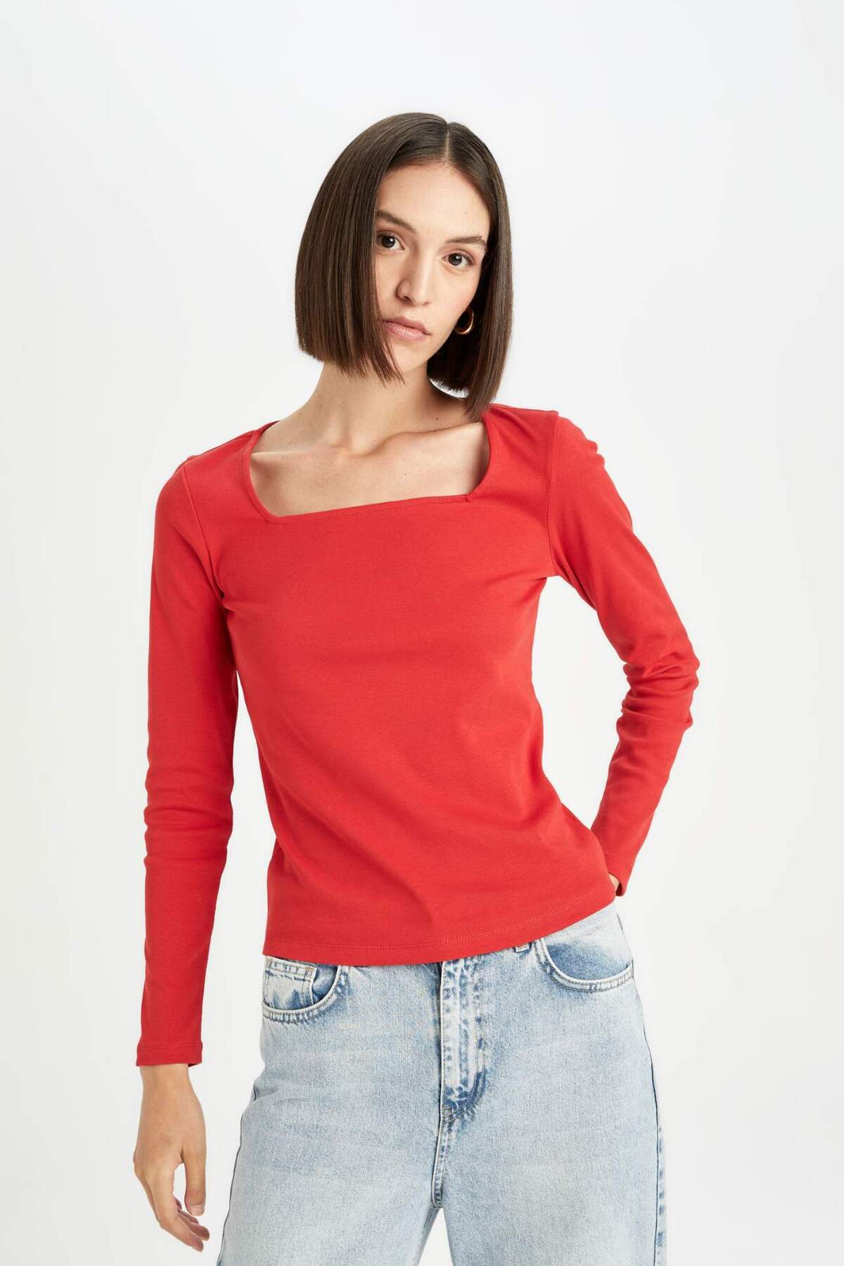DeFacto-Regular Fit Square Neck Basic Plain Ribbed Camisole Long Sleeve Red T-Shirt D7506Ax24Au 3
