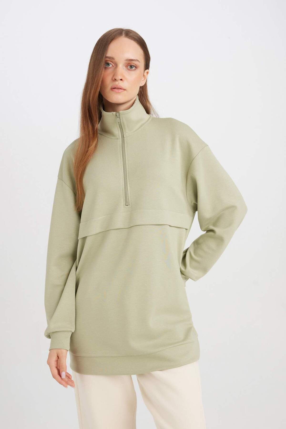 DeFacto-Half Zipper Stand Collar Basic Plain Sweatshirt Tunic D1615Ax24Au 4