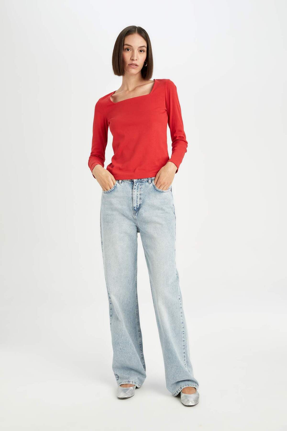 DeFacto-Regular Fit Square Neck Basic Plain Ribbed Camisole Long Sleeve Red T-Shirt D7506Ax24Au 2