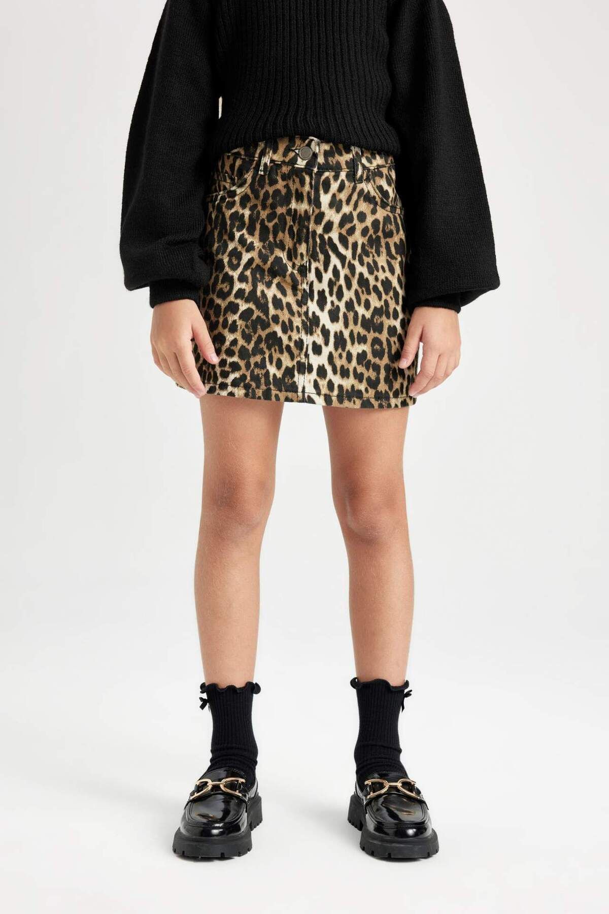DeFacto-Girl's Leopard Patterned Pocketed Gabardine Skirt D5241A824Wn 5