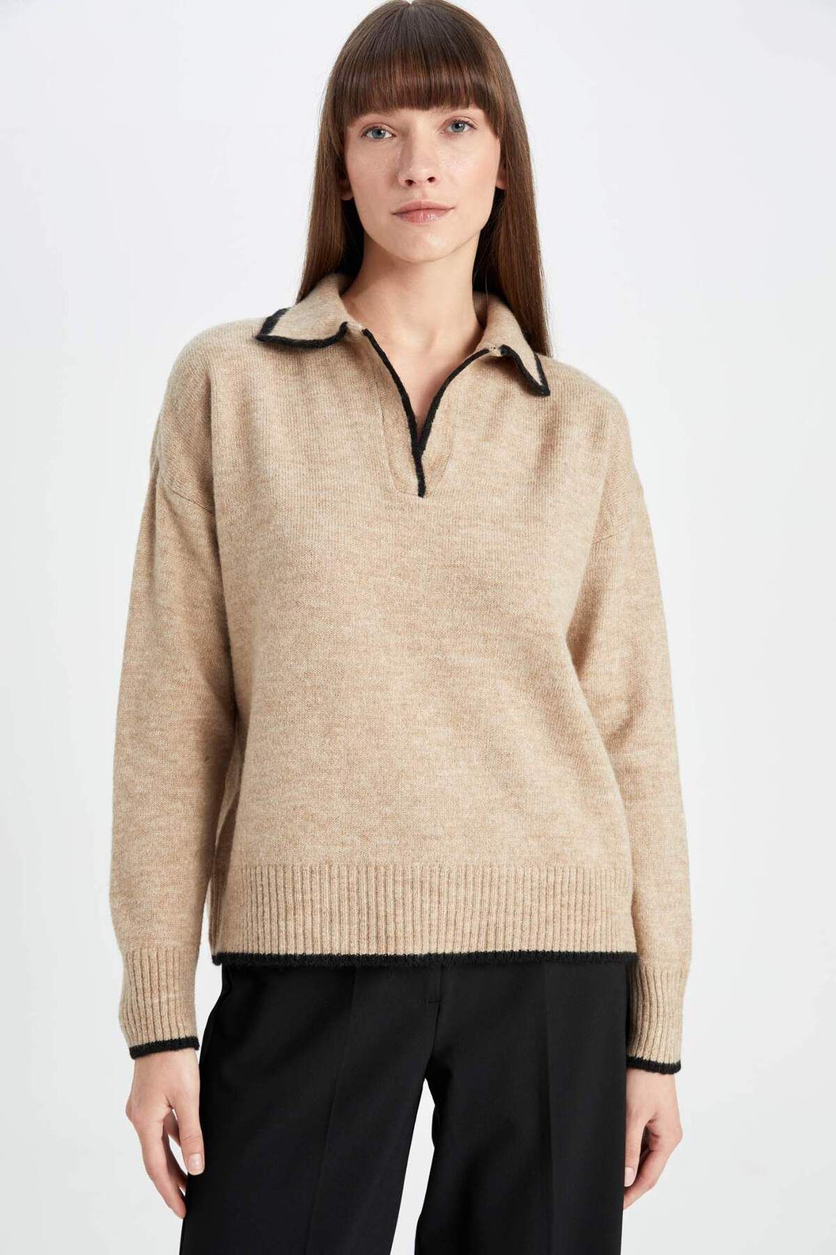 DeFacto-Regular Fit Weicher Strukturierter Polo Kragen Strickpullover A3868AX24WN 3