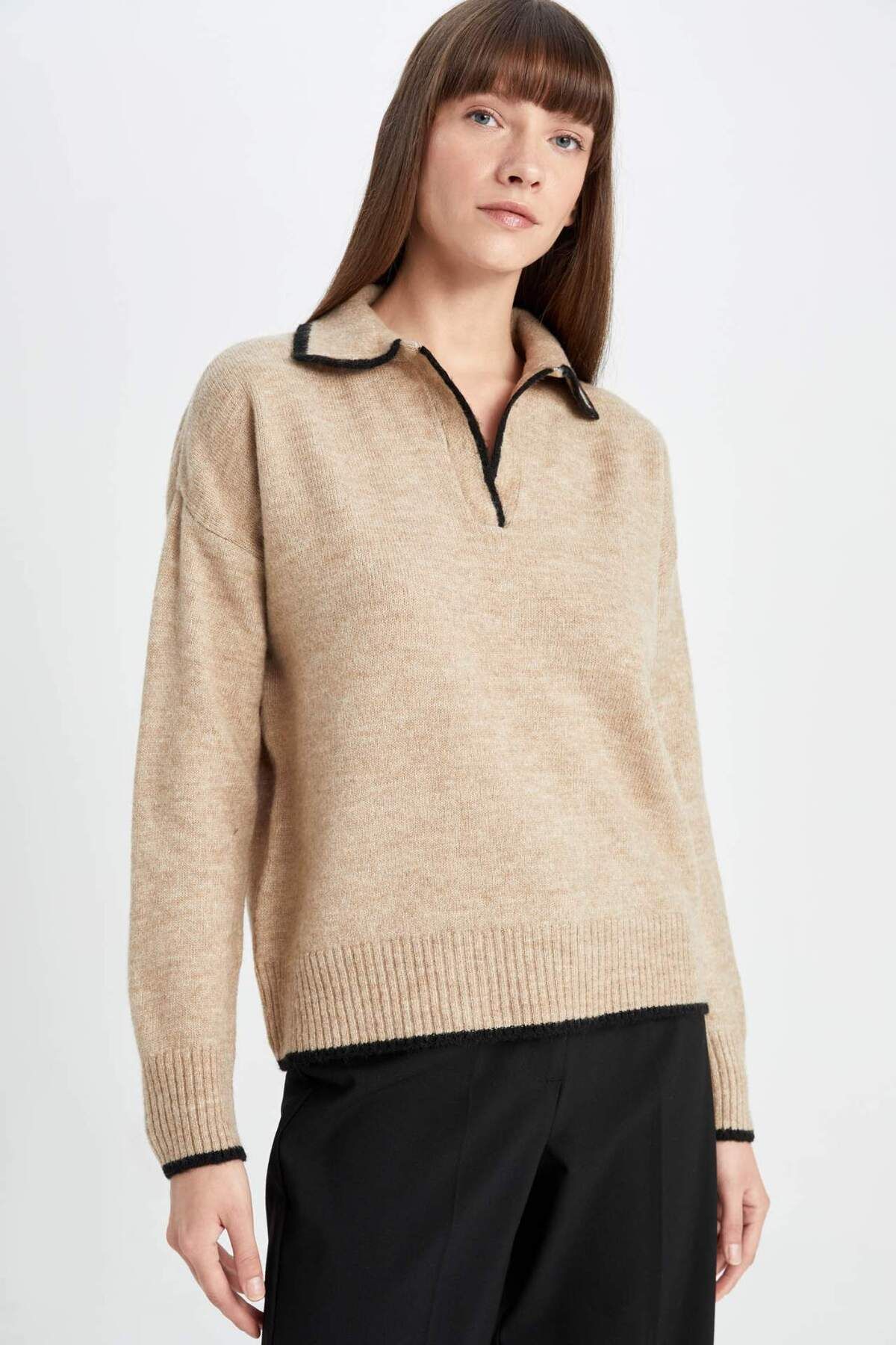 DeFacto-Regular Fit Weicher Strukturierter Polo Kragen Strickpullover A3868AX24WN 4