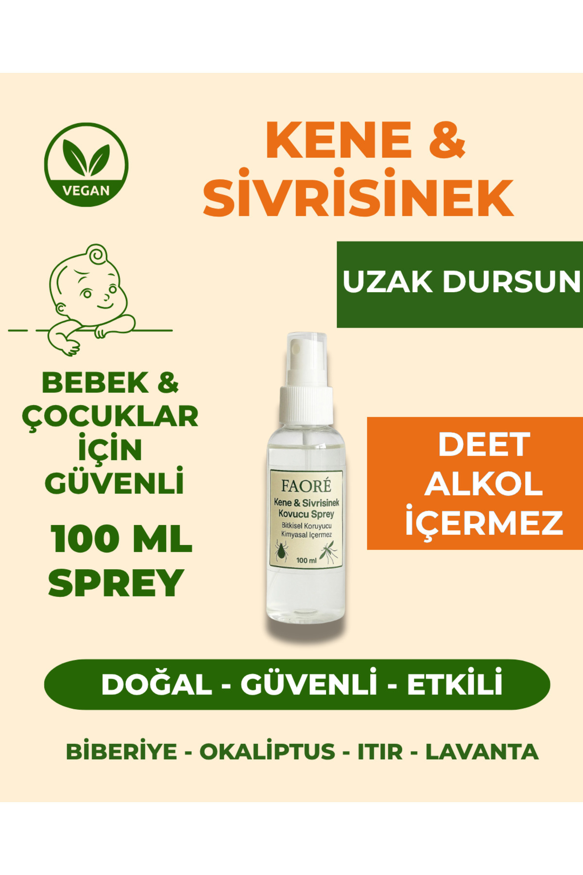 Faoré Doğal Kene ve Sivrisinek Kovucu Sprey 100 ml – Bitkisel, Bebek ve Çocuklar İçin Güvenli