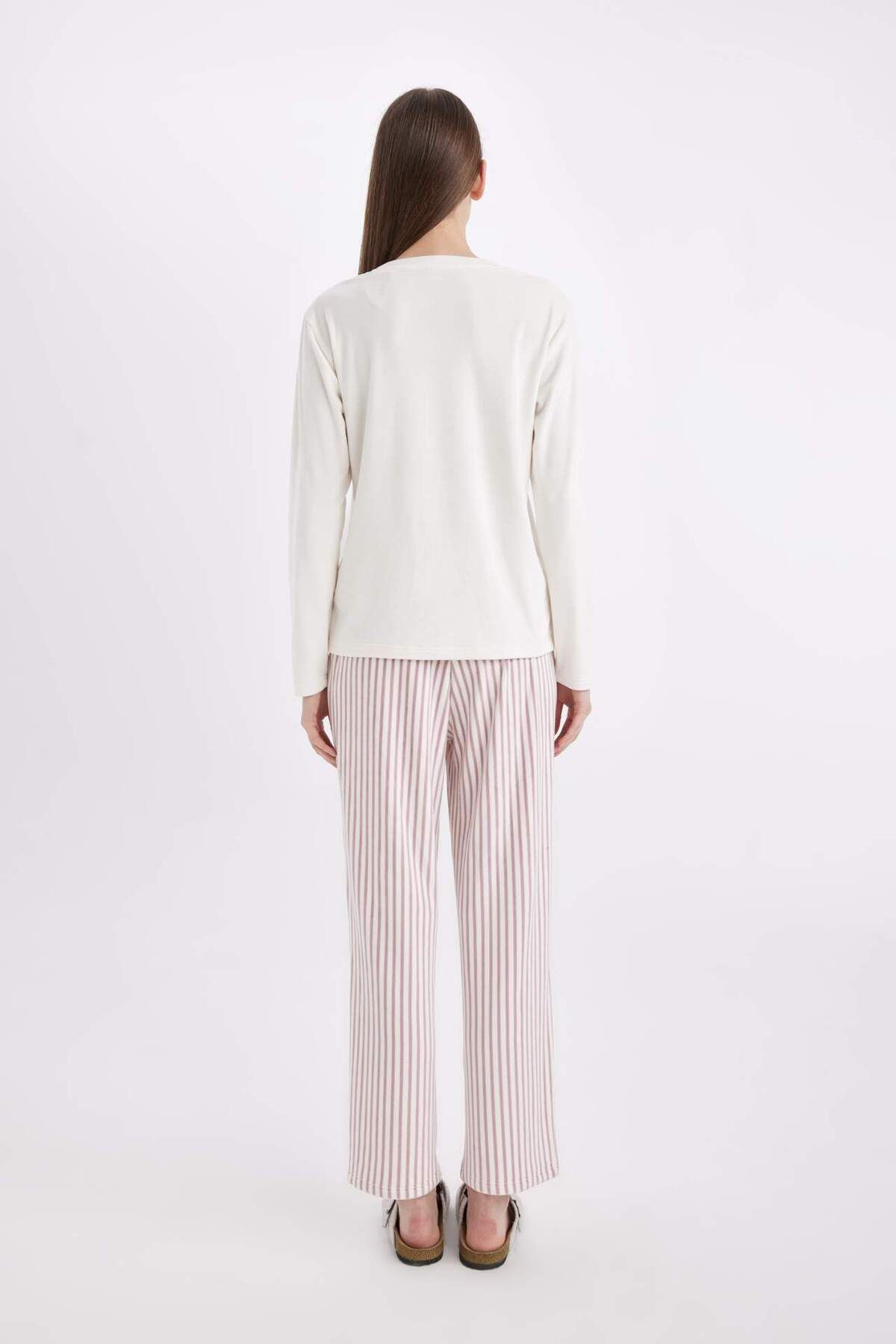 DeFacto-Set pijamale Fall in Love Decolteu în V Basic Solid Mâneci lungi Velur Top cu dungi Talie elastică Partea de jos A6205AX2 5