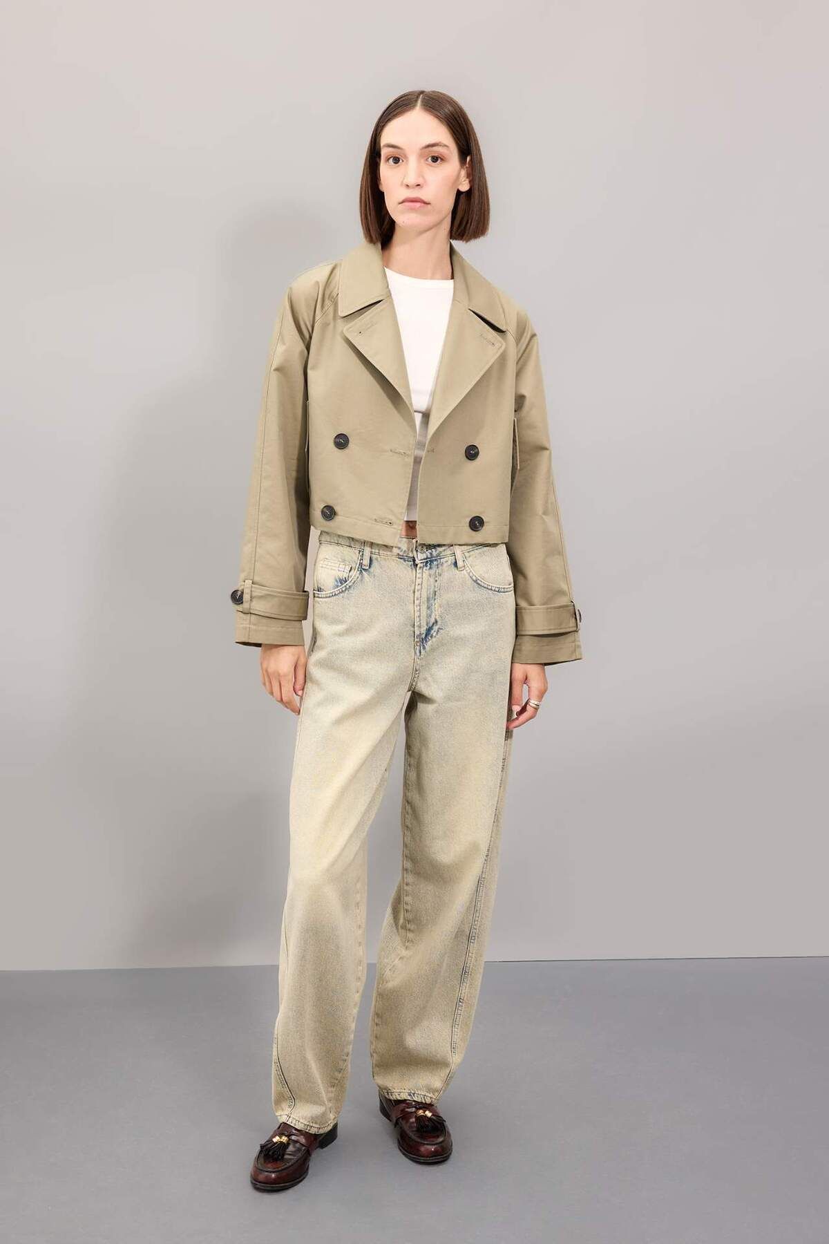 DeFacto-Regular Fit Short Trench Coat Tuxedo Collar Button Cotton D5949Ax24Au 2