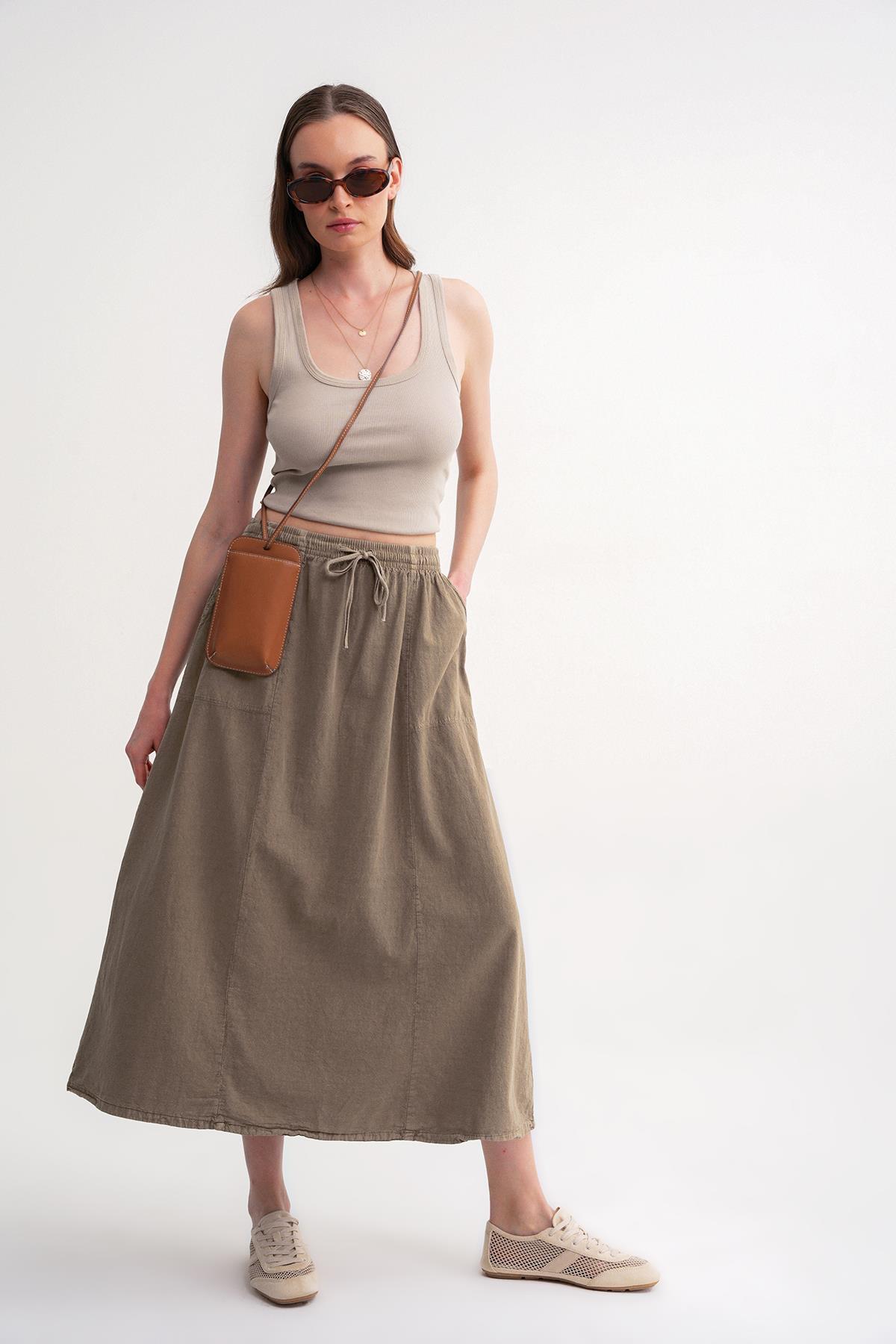 Mixray  4633 Kadın Yandan Cepli Parçalı Etek Antik Vizon - Görsel 2