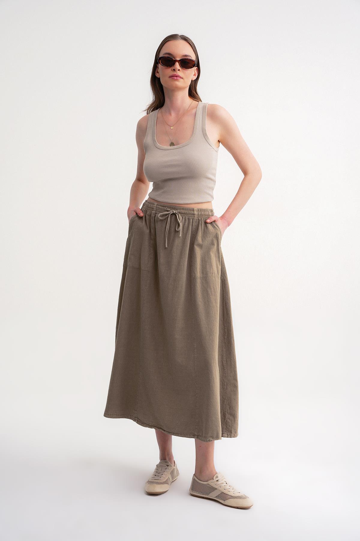 Mixray  4633 Kadın Yandan Cepli Parçalı Etek Antik Vizon - Görsel 3