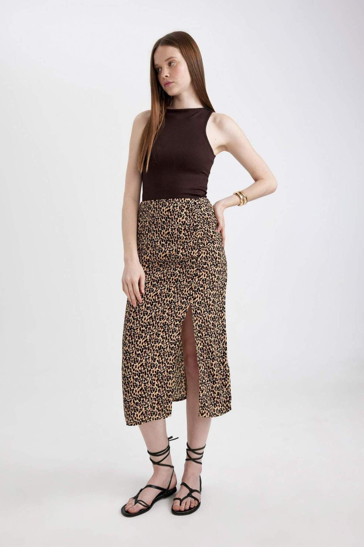 DeFacto-A Form Leopard Patterned Slit Moroccan Midi Skirt C0938Ax24Sm 2