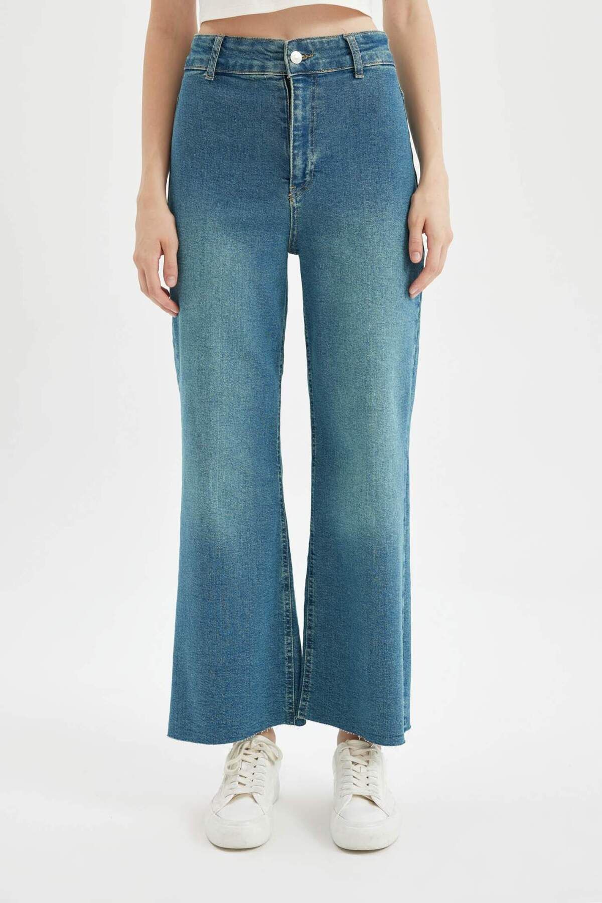 Culotte Yüksek Bel Kısa Geniş Paça Bilek Boy Jean Yıkamalı Pantolon D4328ax24au